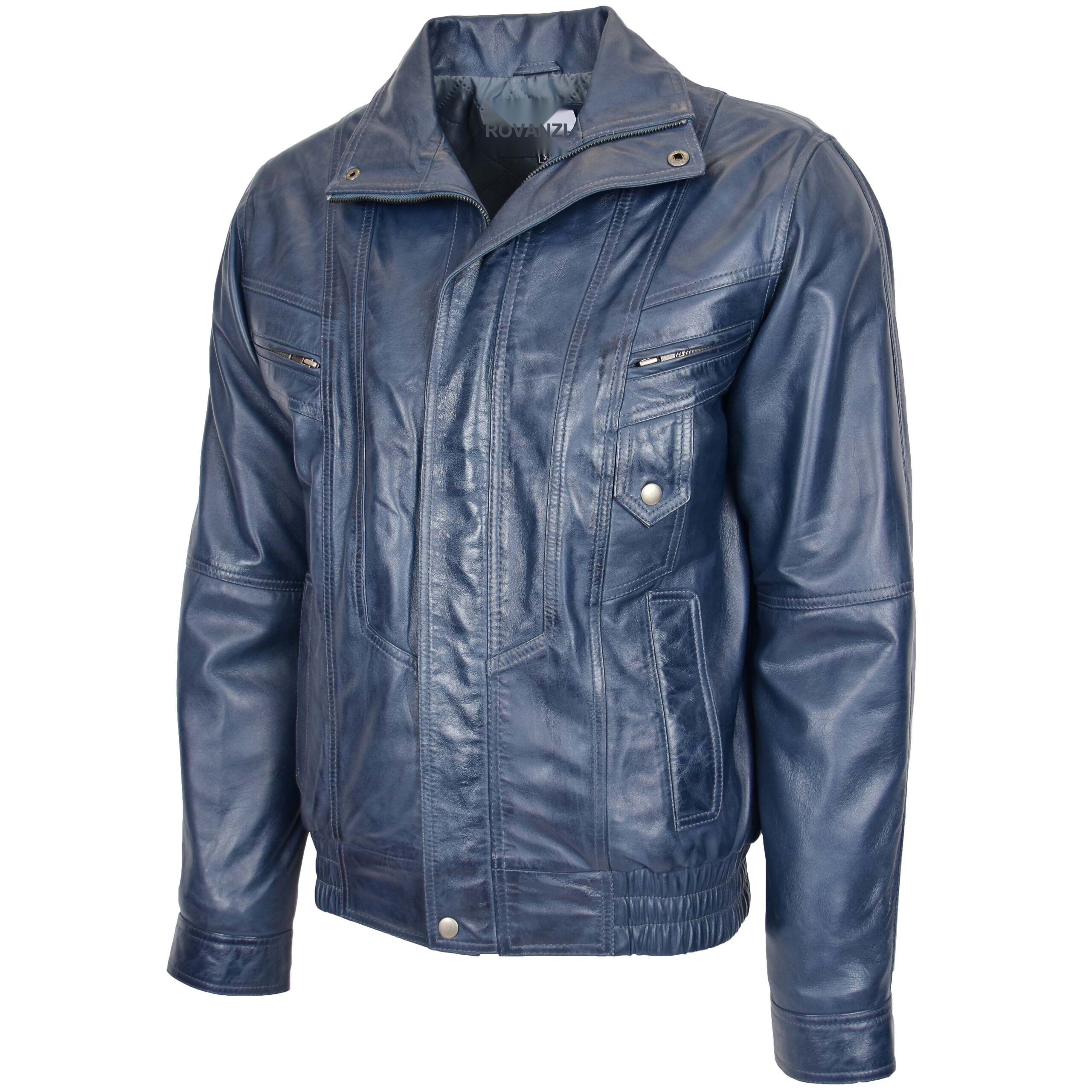 BUNERI Veste Homme Cuir Bomber Blouson Bleue – Image 4