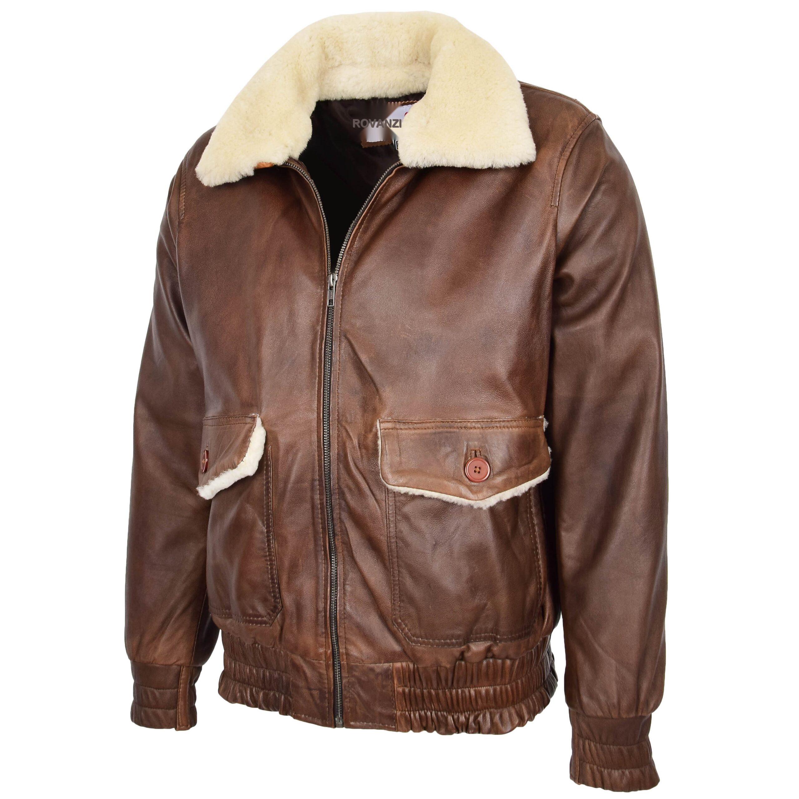 BUNERI Veste Homme Cuir Bomber Style G-1 Aviateur Marron – Image 4