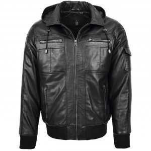 BUNERI Bomber Cuir Bronx Noir à Capuche