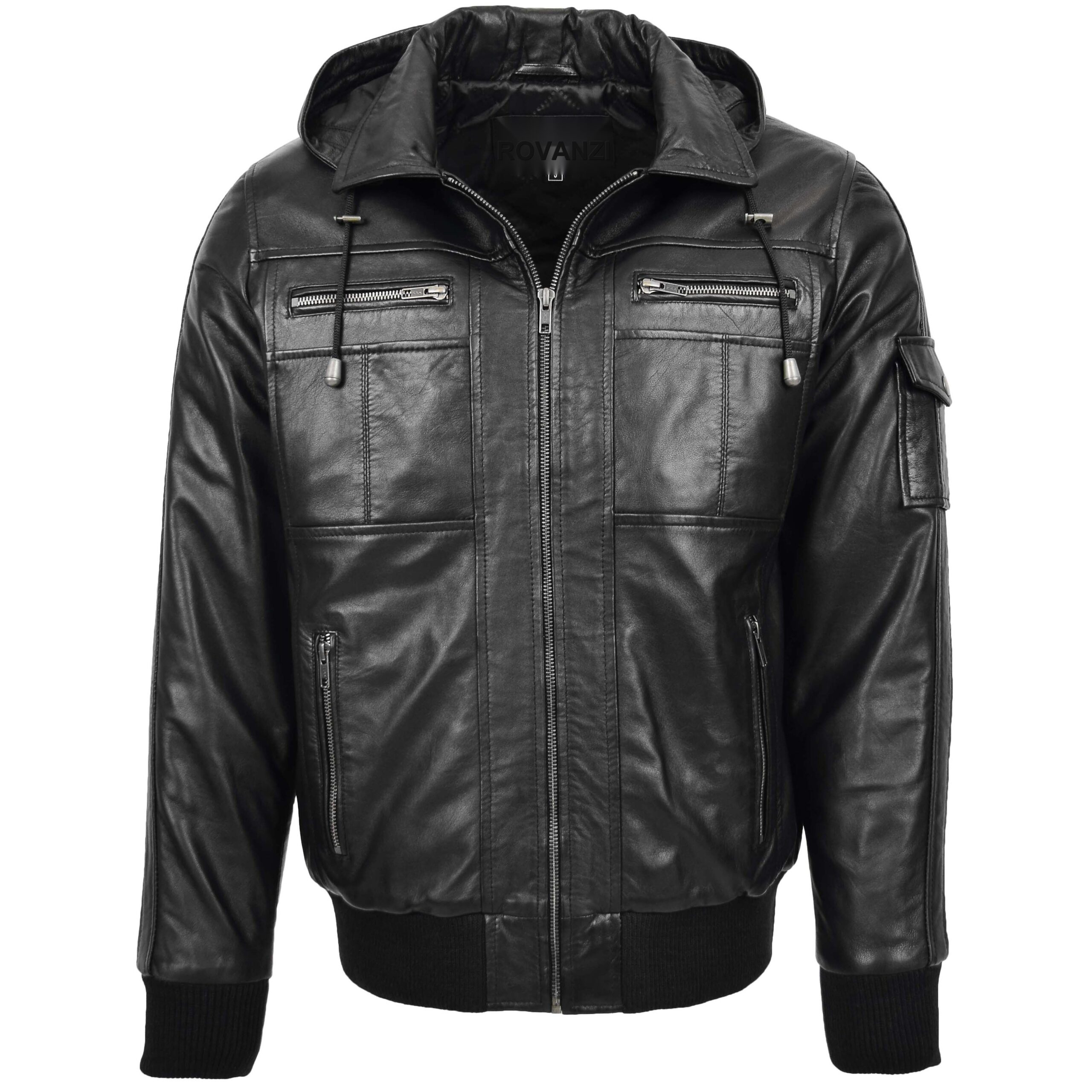 BUNERI Bomber Cuir Bronx Noir à Capuche