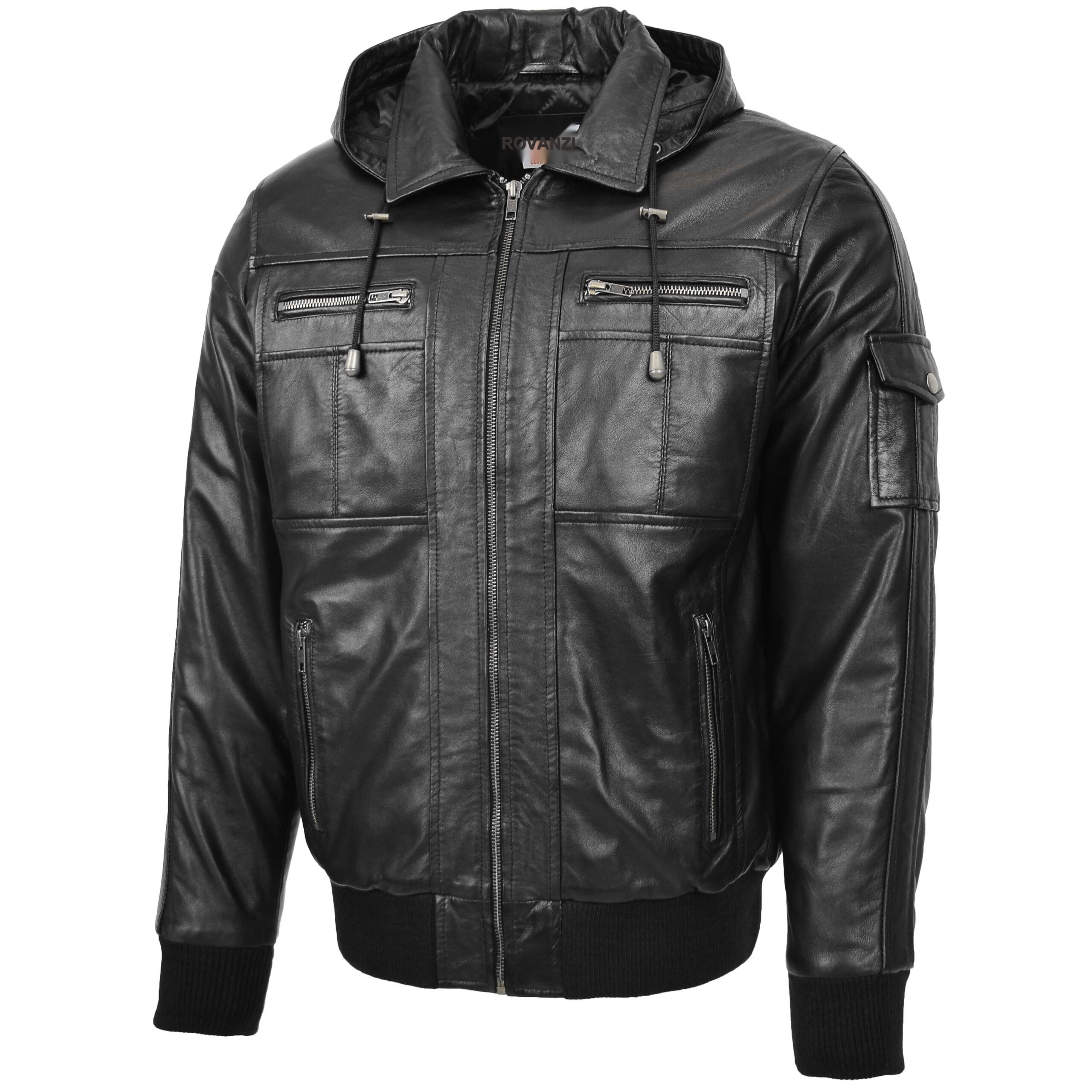 BUNERI Bomber Cuir Bronx Noir à Capuche – Image 5
