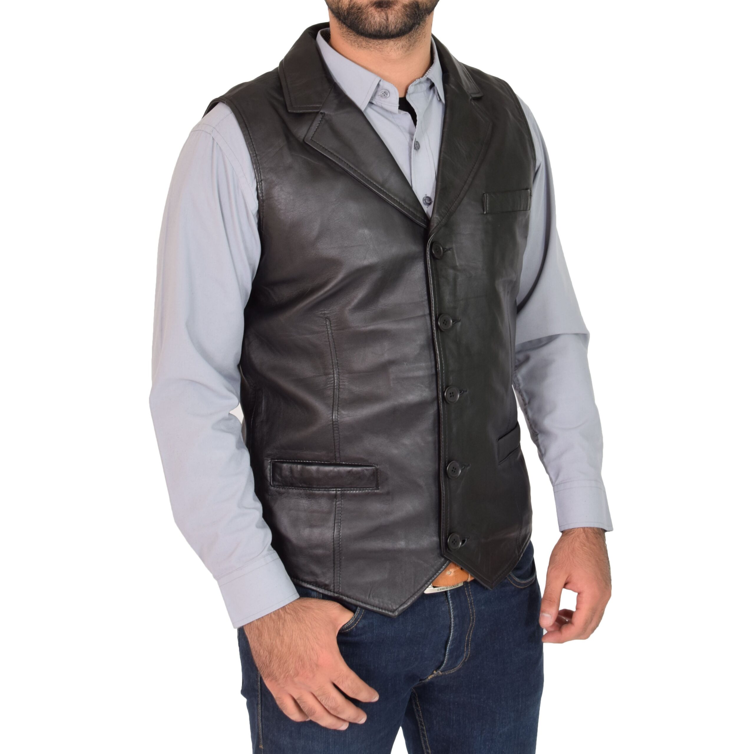 BUNERI Gilet Homme Cuir Boutonne Noir – Image 3