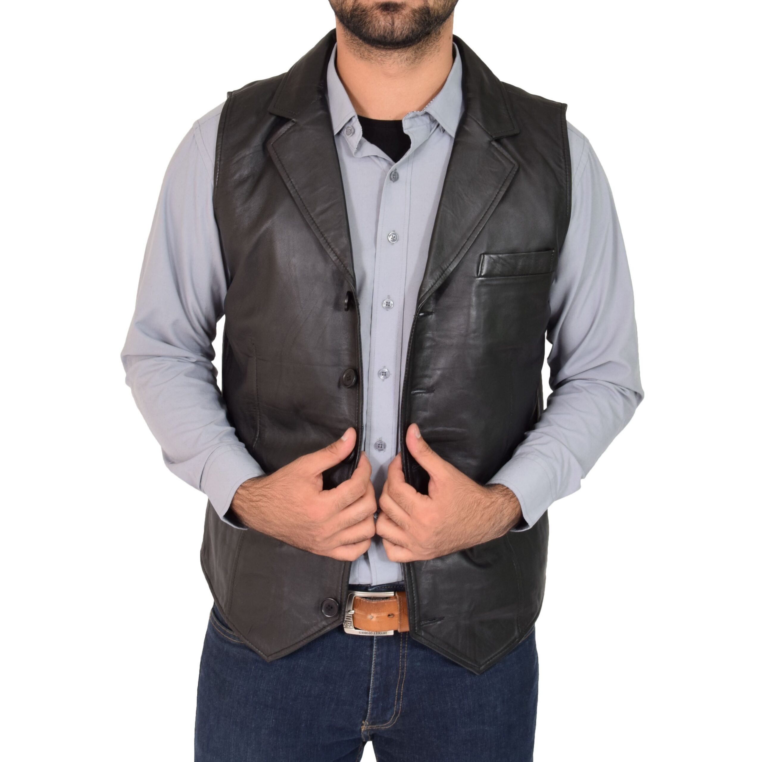 BUNERI Gilet Homme Cuir Boutonne Noir – Image 4