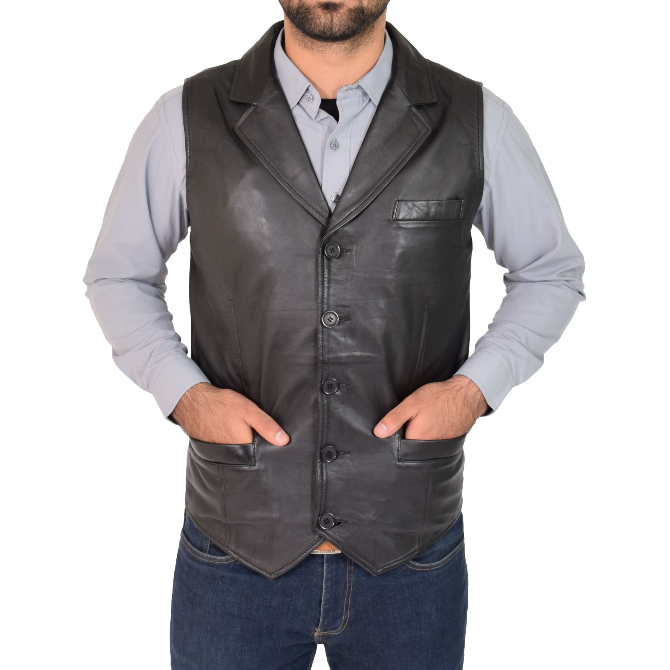 BUNERI Gilet Homme Cuir Boutonne Noir – Image 5