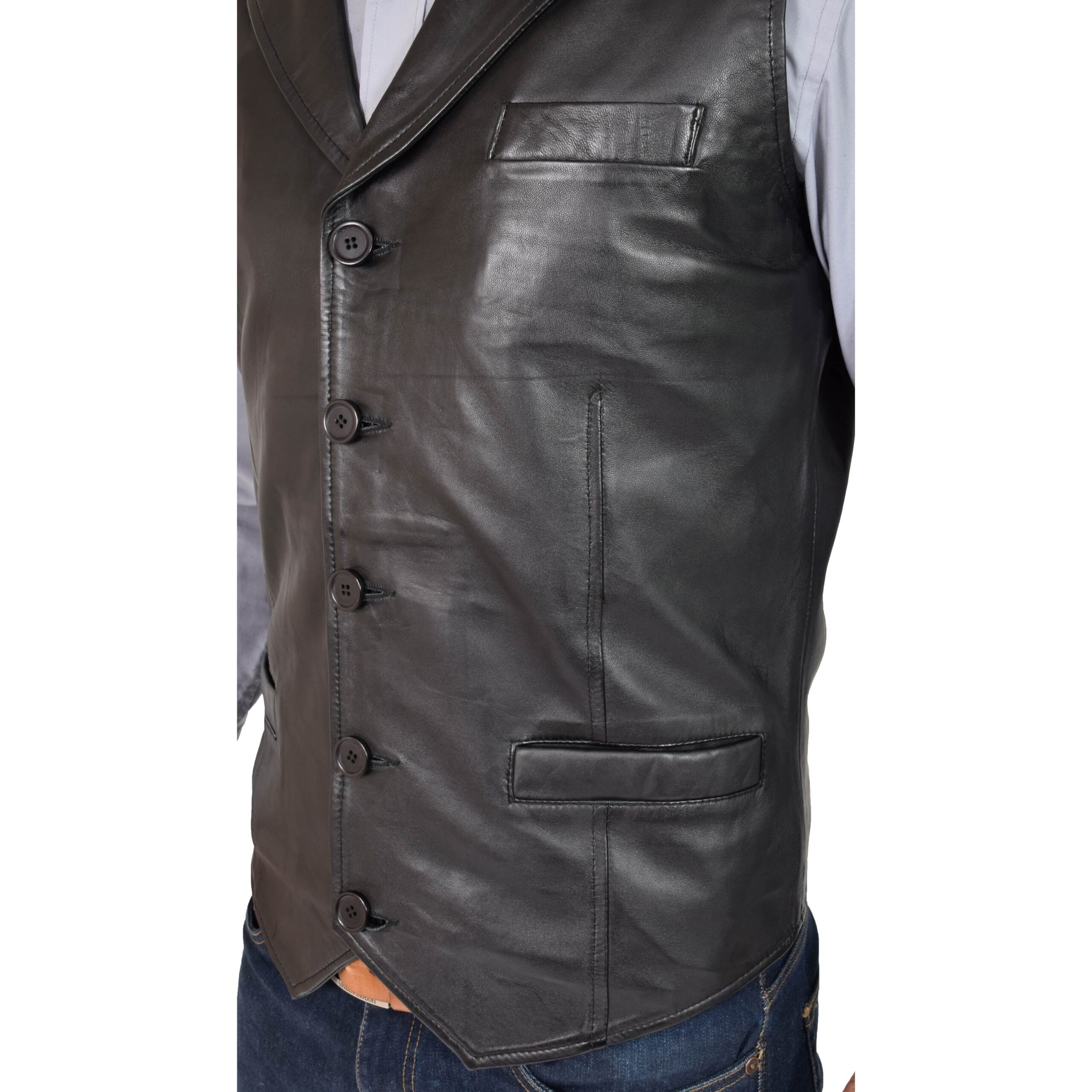 BUNERI Gilet Homme Cuir Boutonne Noir – Image 7