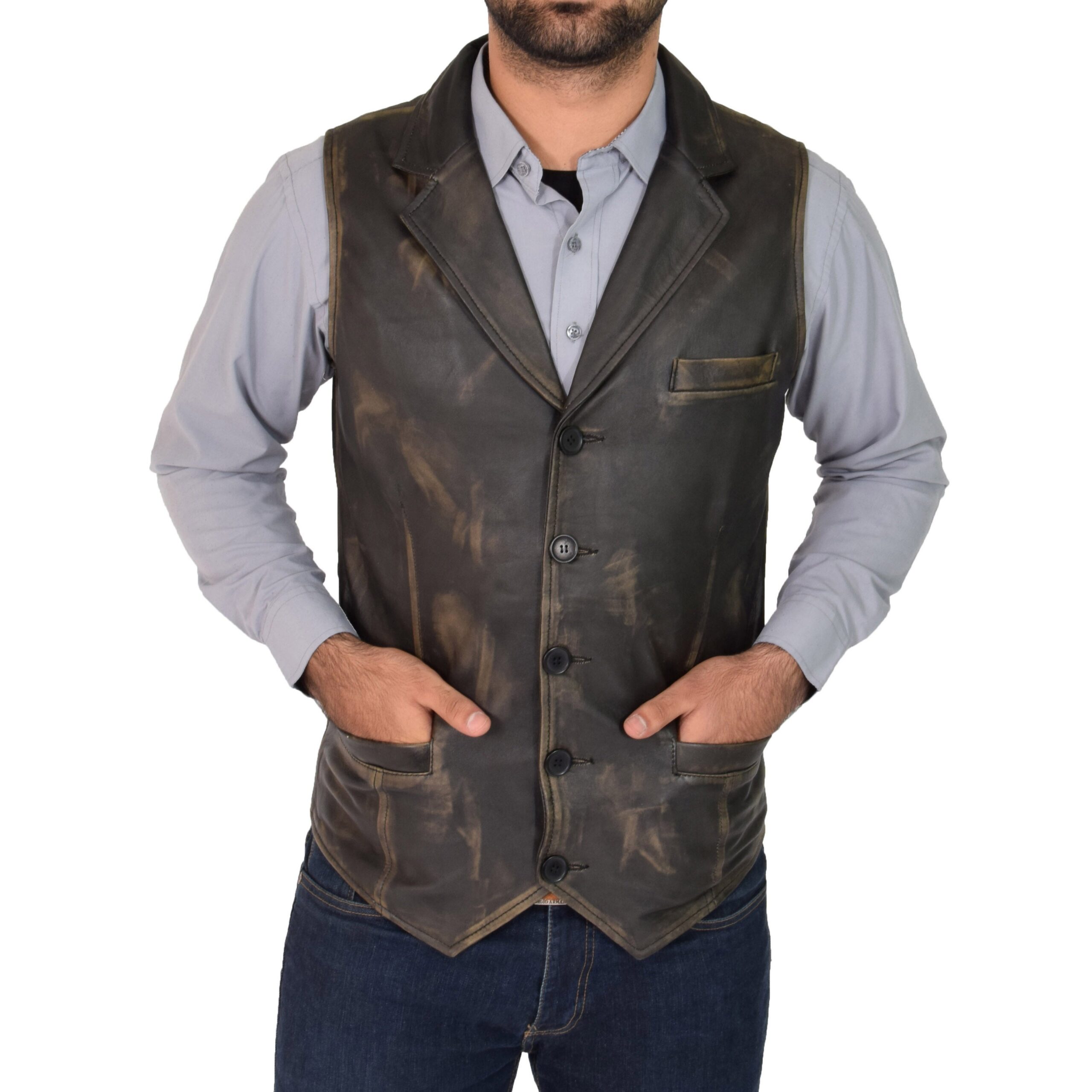 BUNERI Gilet en Cuir Boutonné pour Homme Finition Rub Off – Image 3