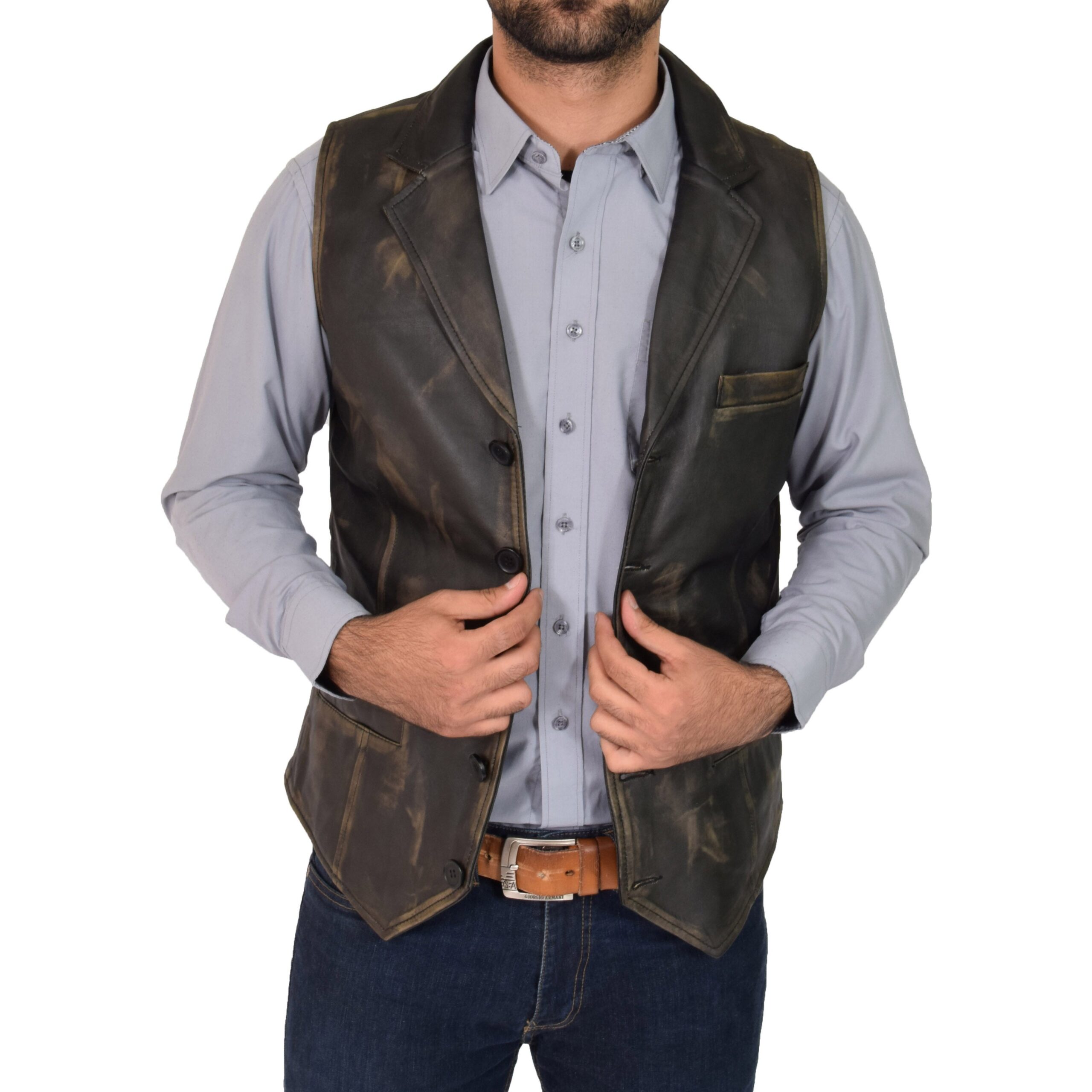BUNERI Gilet en Cuir Boutonné pour Homme Finition Rub Off – Image 4
