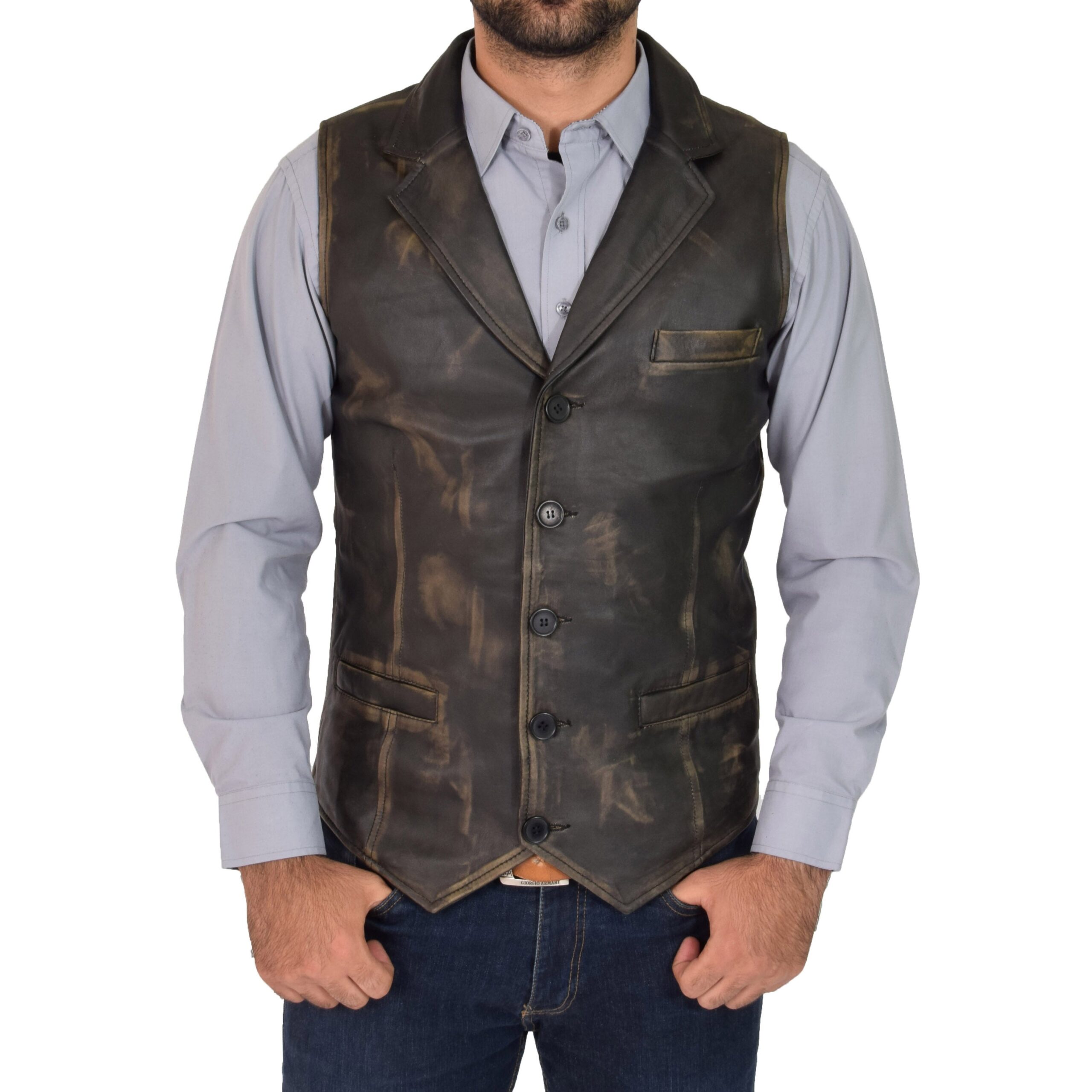 BUNERI Gilet en Cuir Boutonné pour Homme Finition Rub Off – Image 5