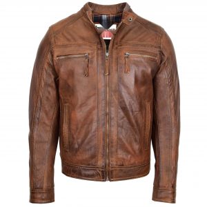 BUNERI Blouson Café Racer en Cuir Brun Antique pour Homme