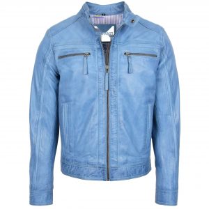 BUNERI Blouson Café Racer en Cuir Bleu Ciel pour Homme