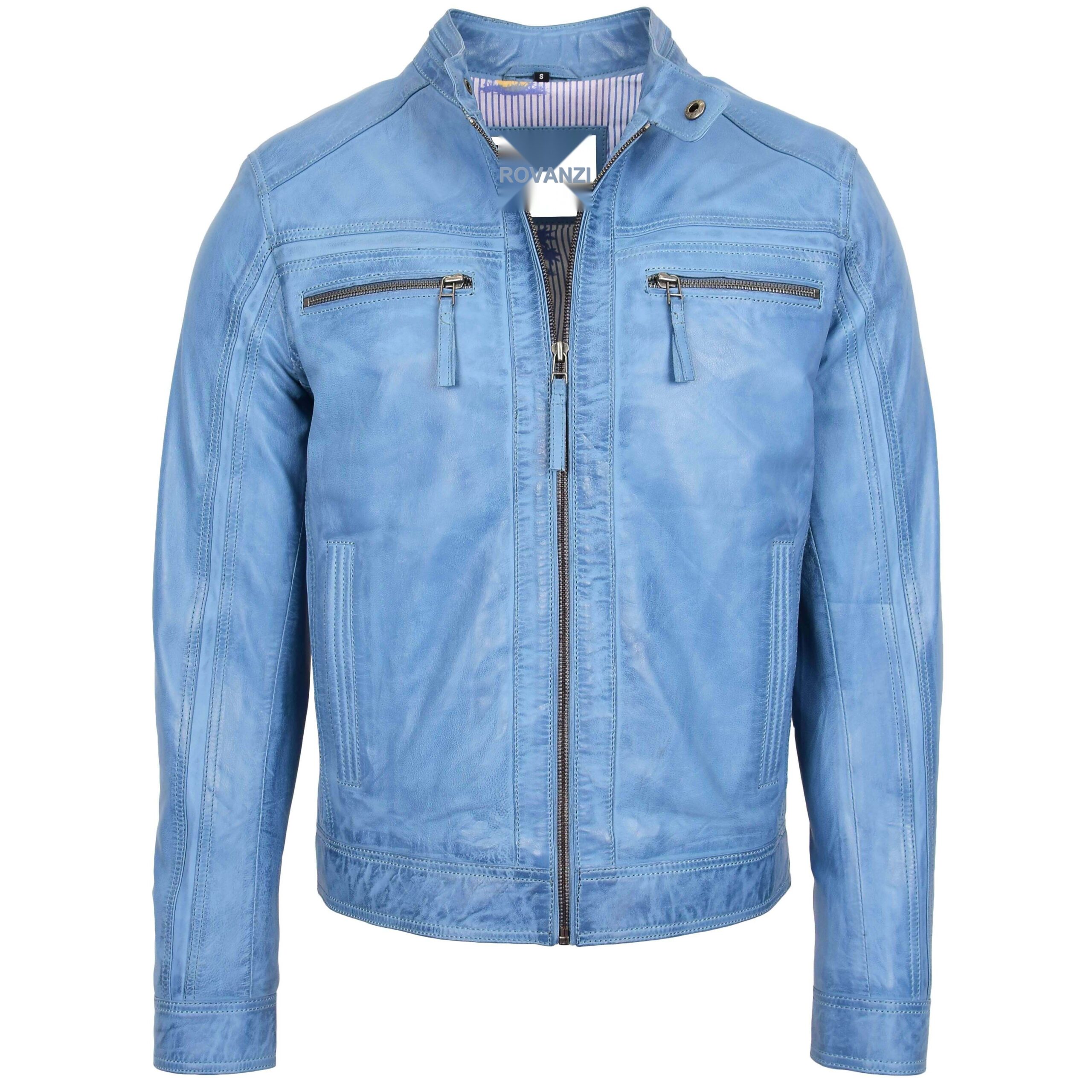 BUNERI Blouson Café Racer en Cuir Bleu Ciel pour Homme