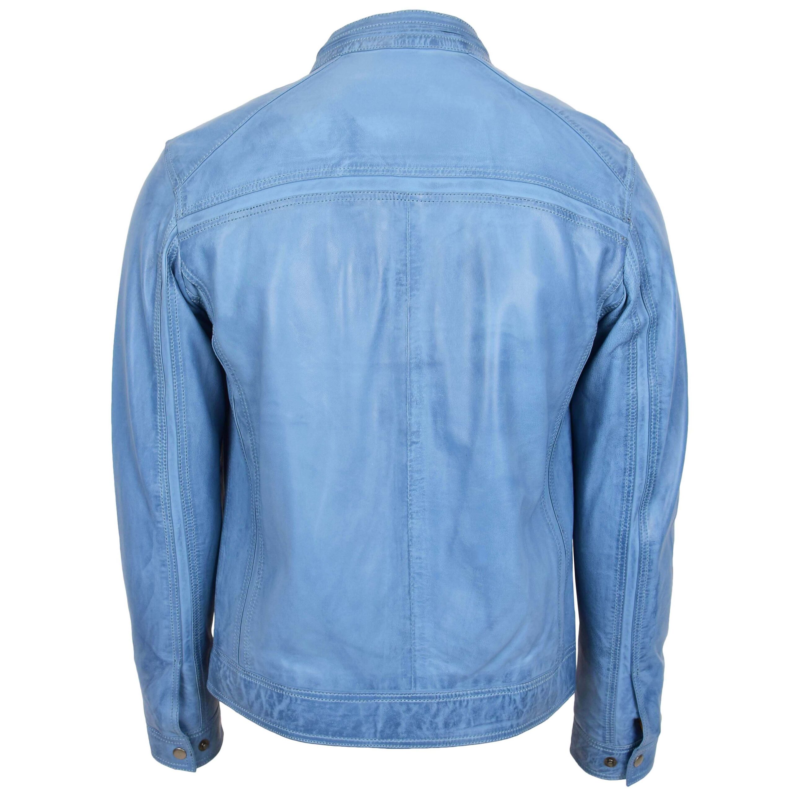 BUNERI Blouson Café Racer en Cuir Bleu Ciel pour Homme – Image 2