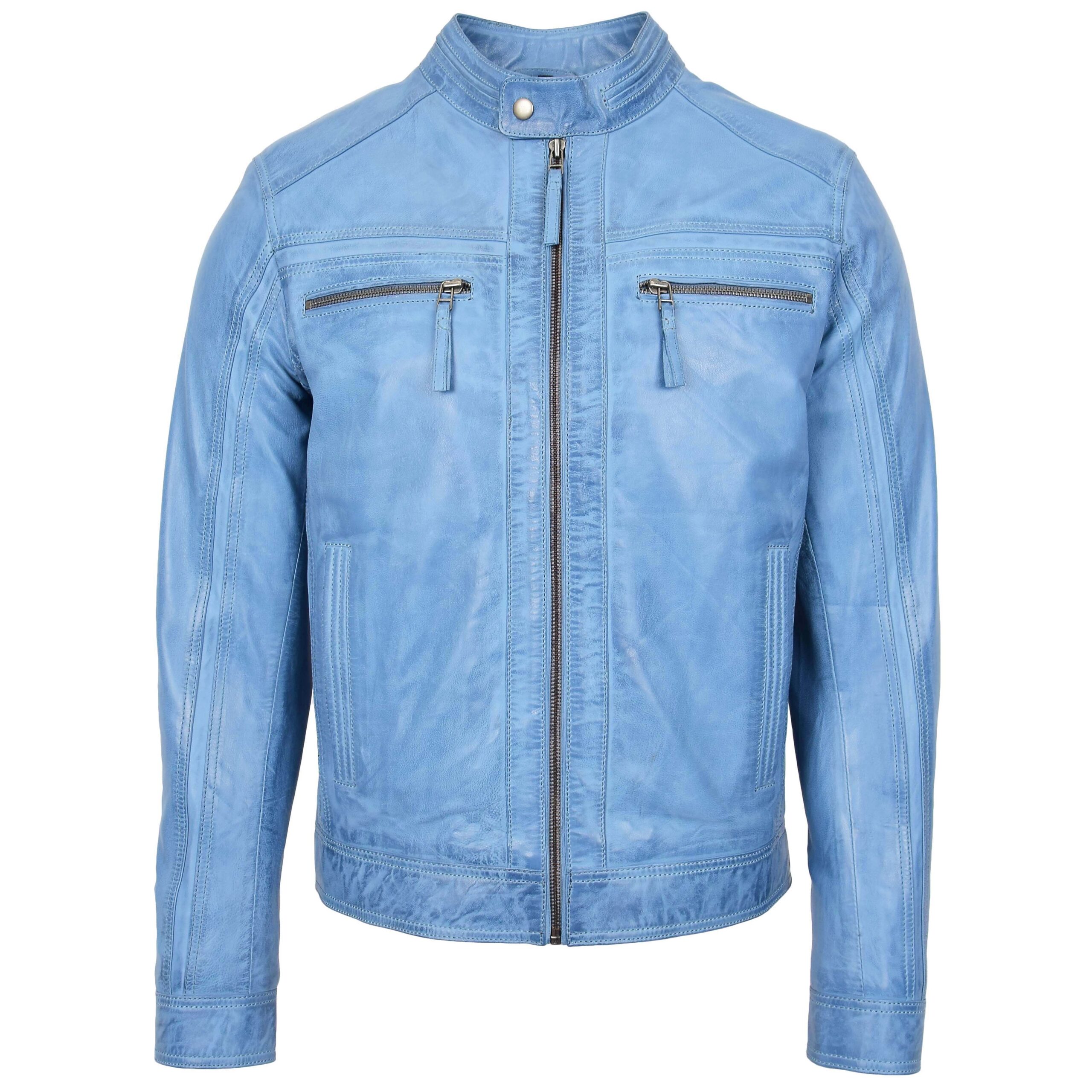 BUNERI Blouson Café Racer en Cuir Bleu Ciel pour Homme – Image 3