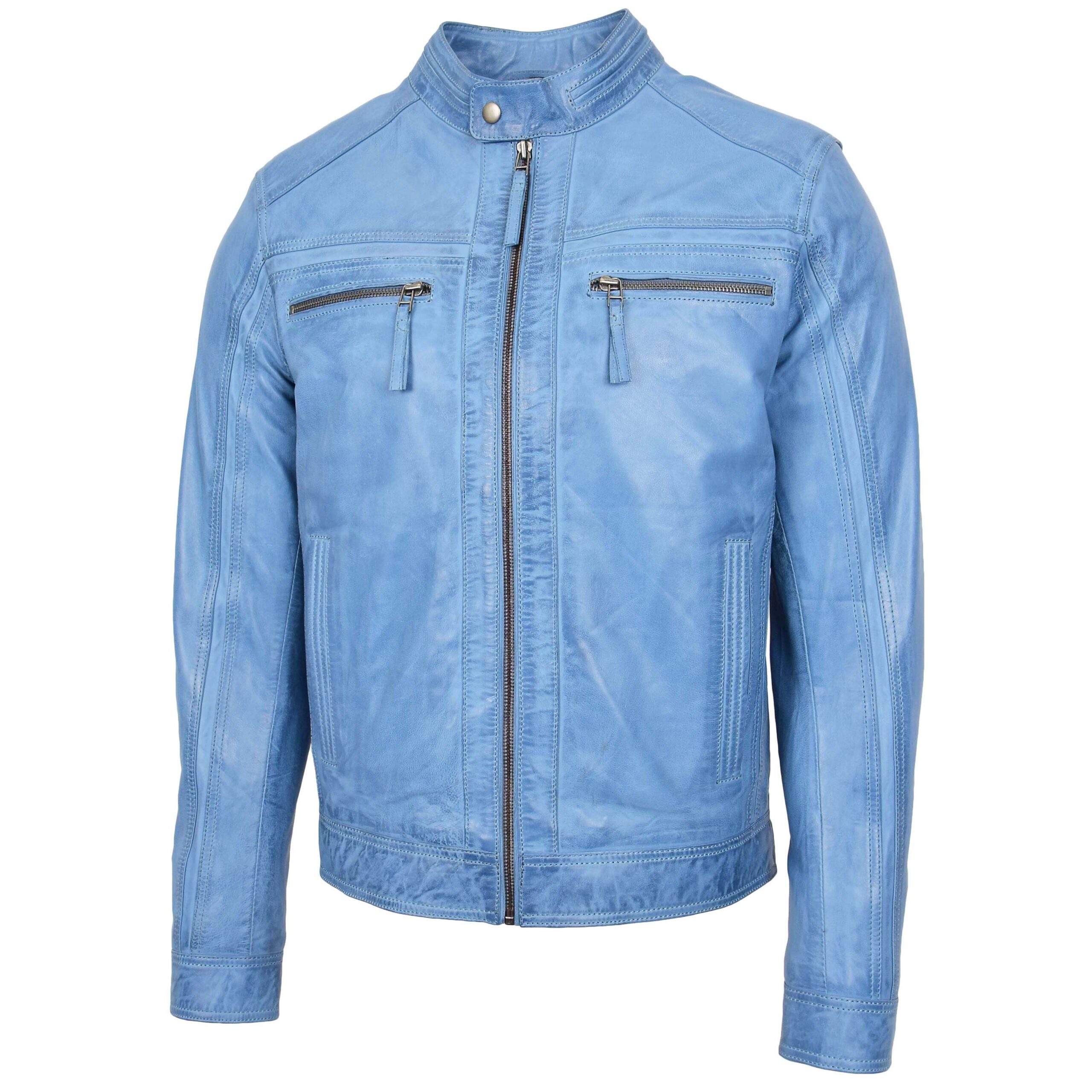 BUNERI Blouson Café Racer en Cuir Bleu Ciel pour Homme – Image 4