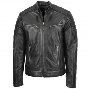BUNERI Veste Biker Café Racer en Cuir Noir pour Homme