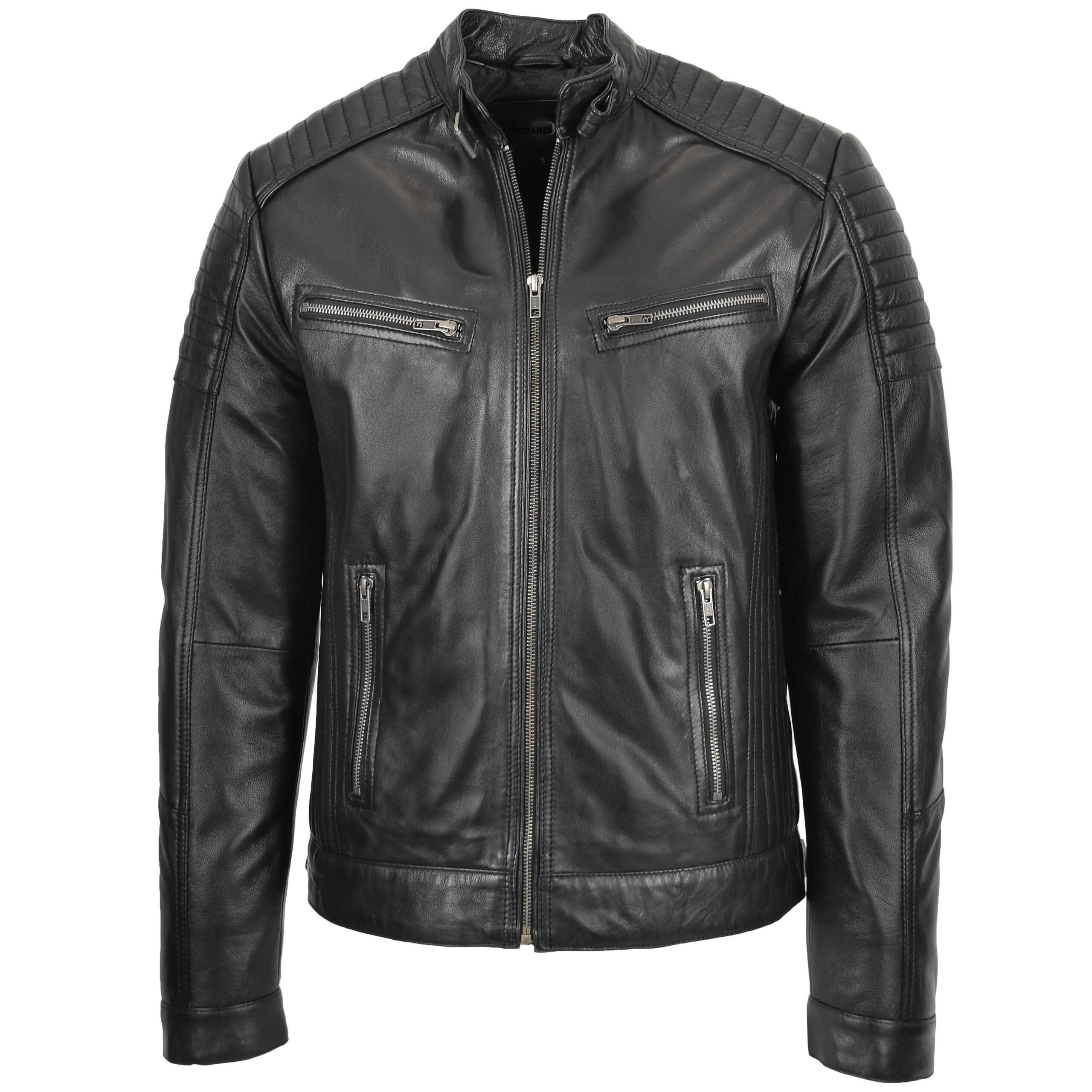 BUNERI Veste Homme Cuir Cafe Racer Biker Noir