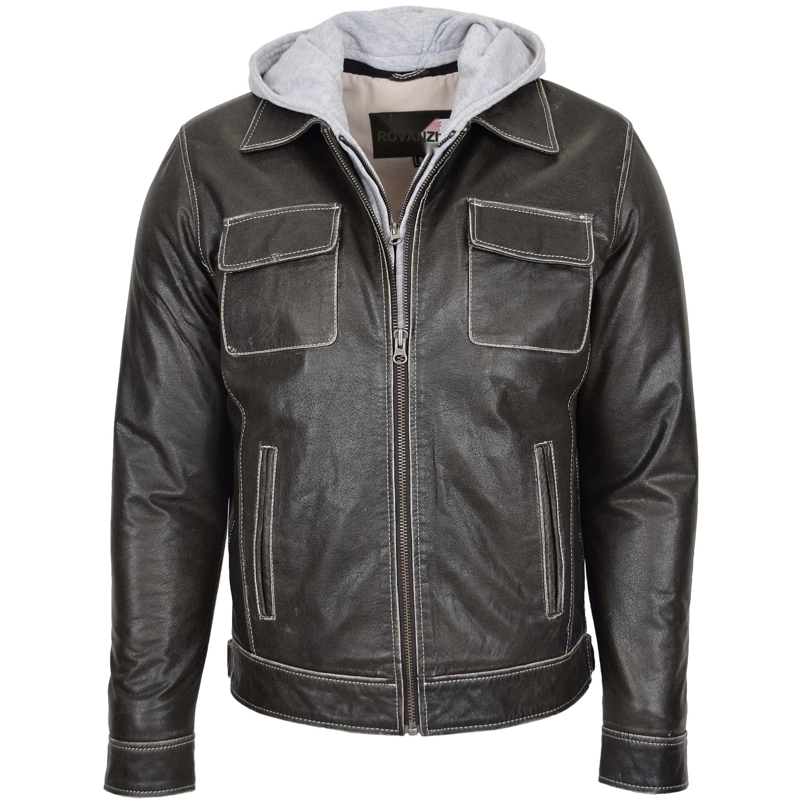 BUNERI Cuir Cypher Gris Capuche Amovible Homme