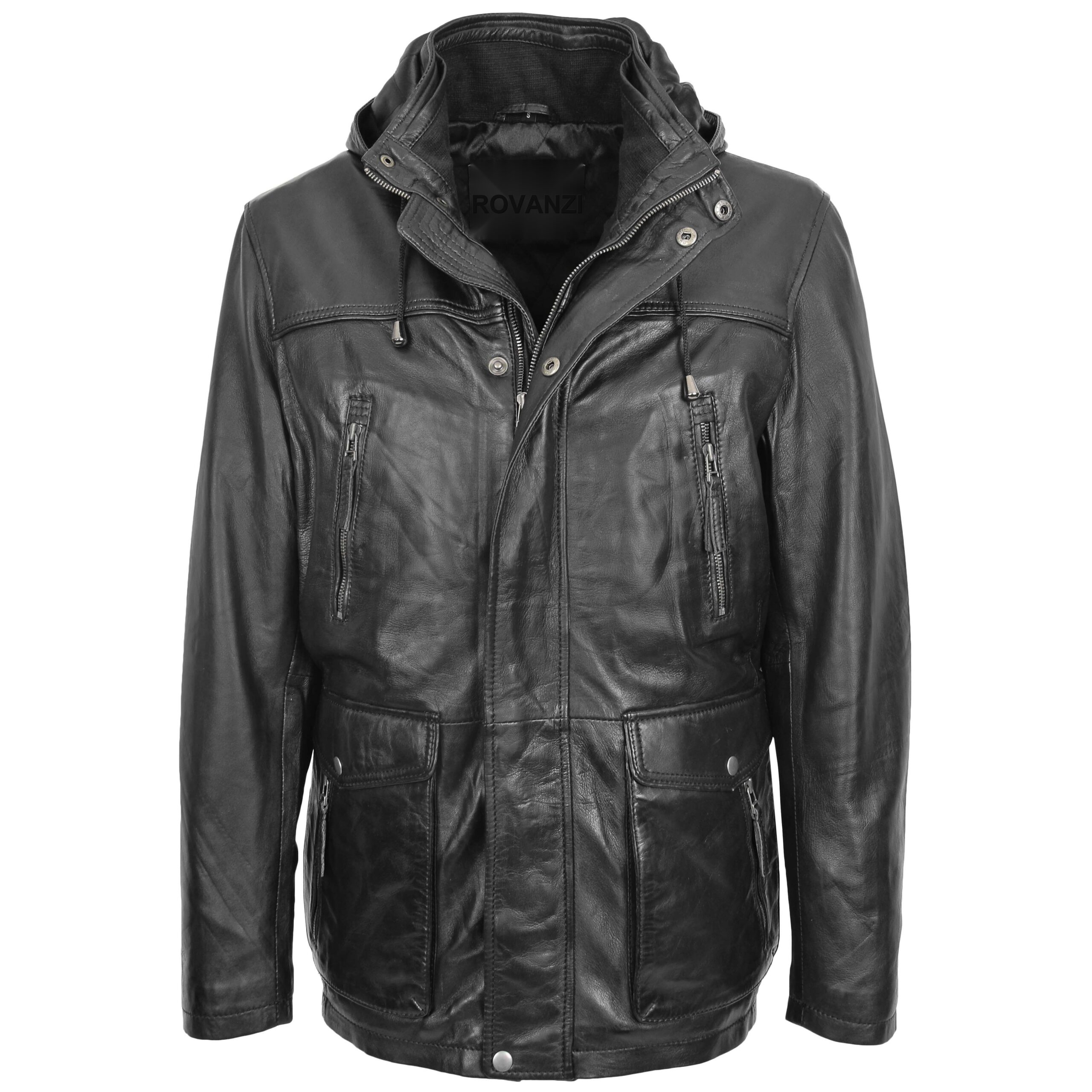 BUNERI Cuir Logan Noir Capuche Amovible Homme