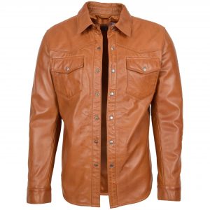 BUNERI Chemise Homme Cuir Style Trucker Classique Camel