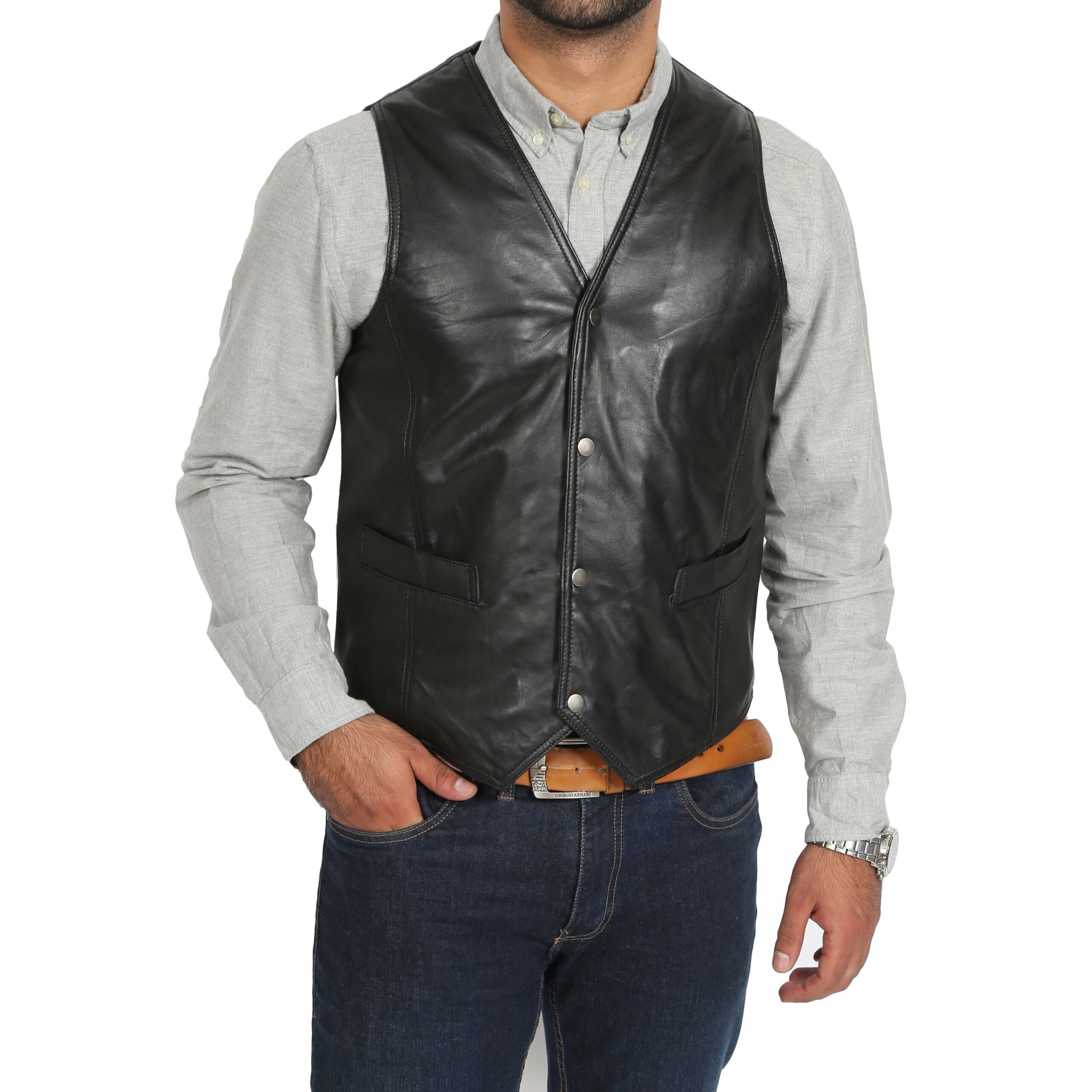 BUNERI Gilet en Cuir Noir Traditionnel pour Homme