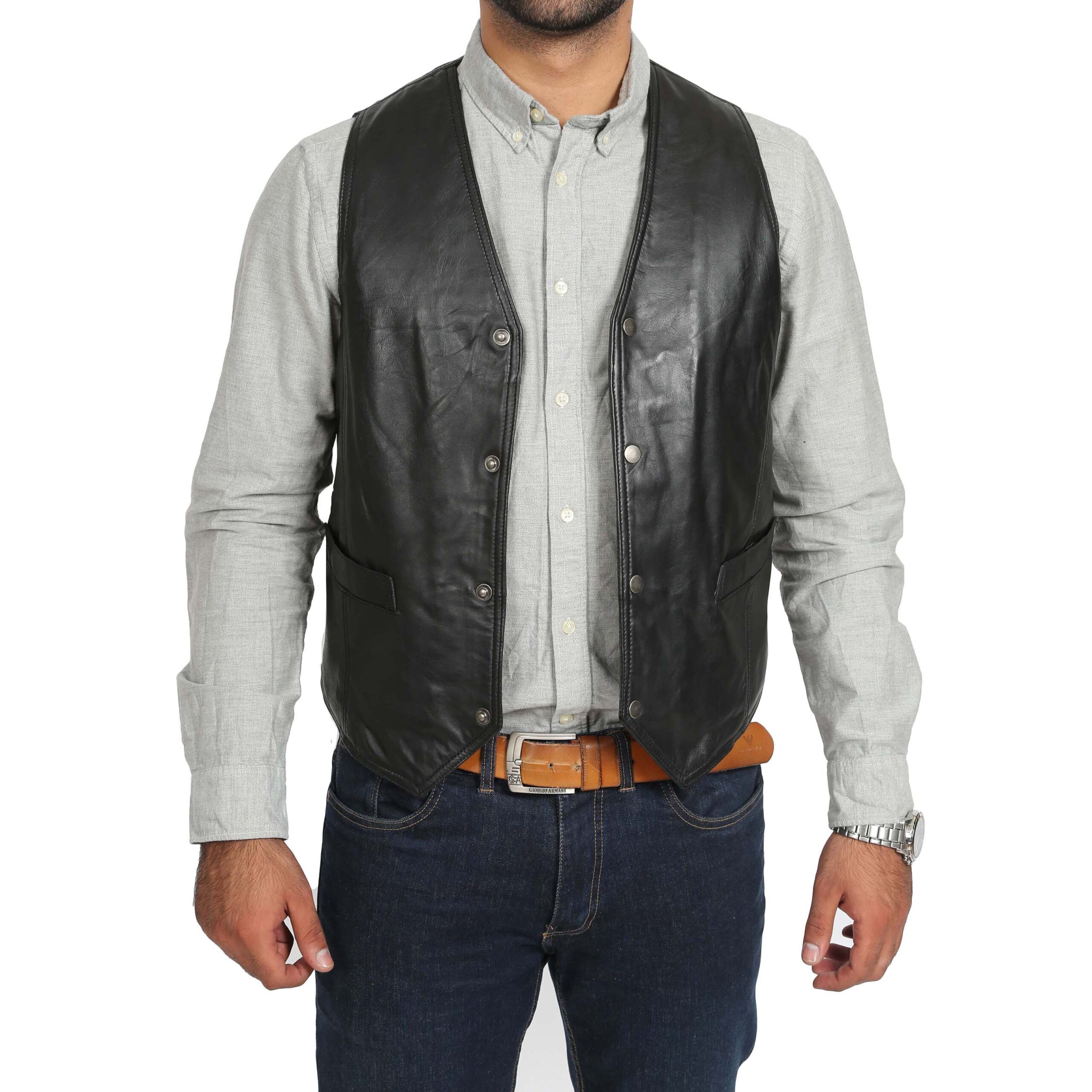 BUNERI Gilet en Cuir Noir Traditionnel pour Homme – Image 2