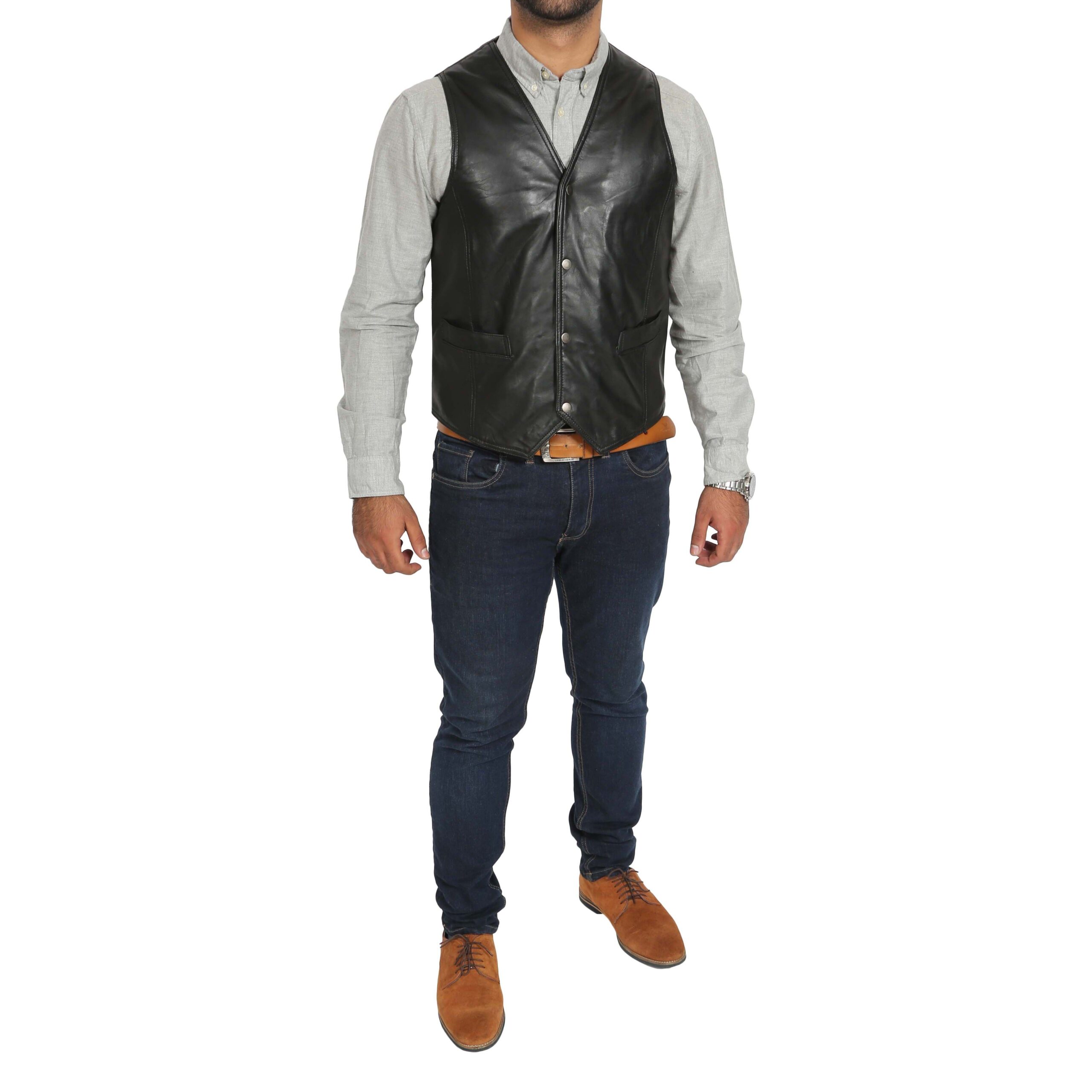 BUNERI Gilet en Cuir Noir Traditionnel pour Homme – Image 3