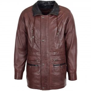 BUNERI Manteau Voiture en Cuir Marron Longueur Hanche pour Homme