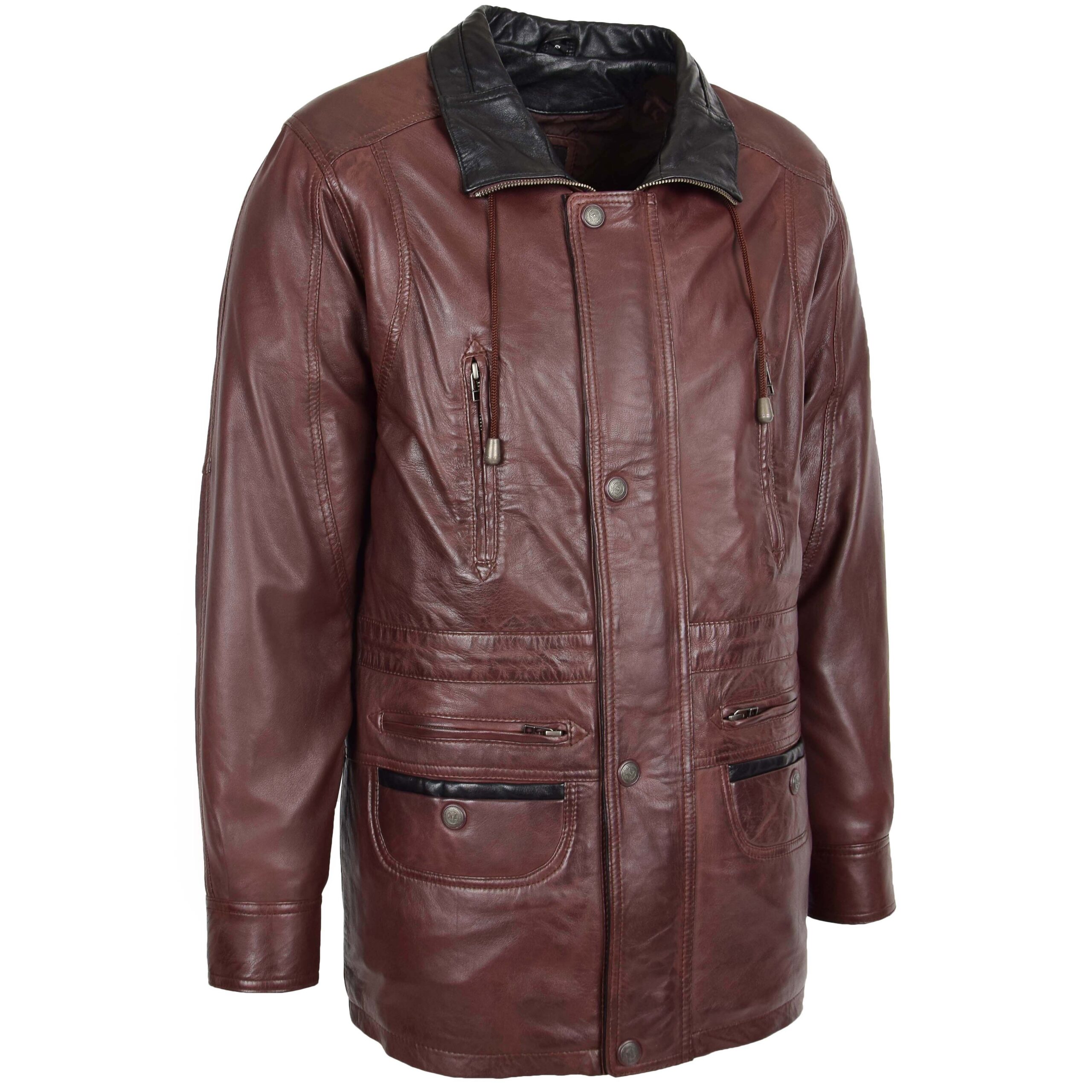 BUNERI Manteau Voiture en Cuir Marron Longueur Hanche pour Homme – Image 3