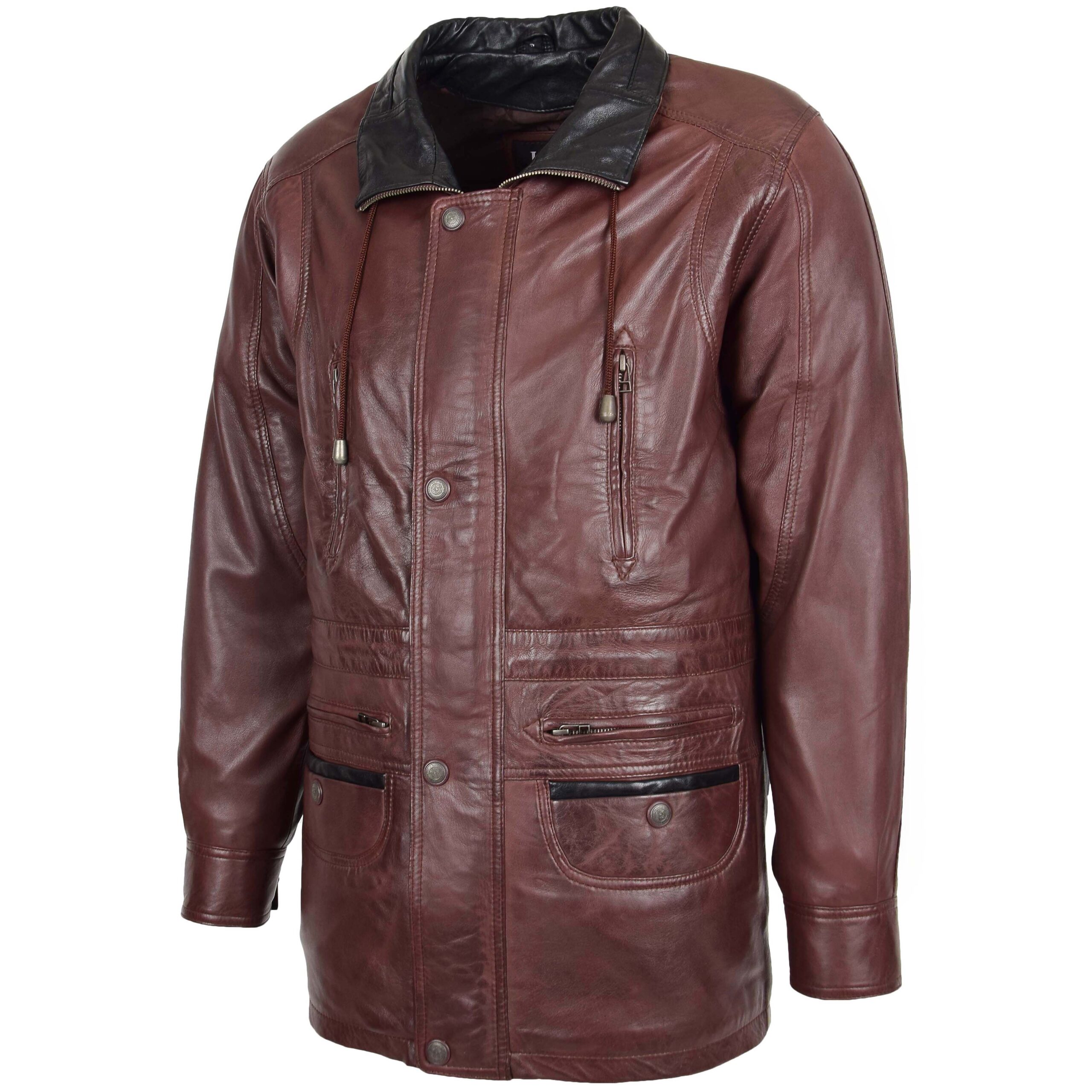 BUNERI Manteau Voiture en Cuir Marron Longueur Hanche pour Homme – Image 4