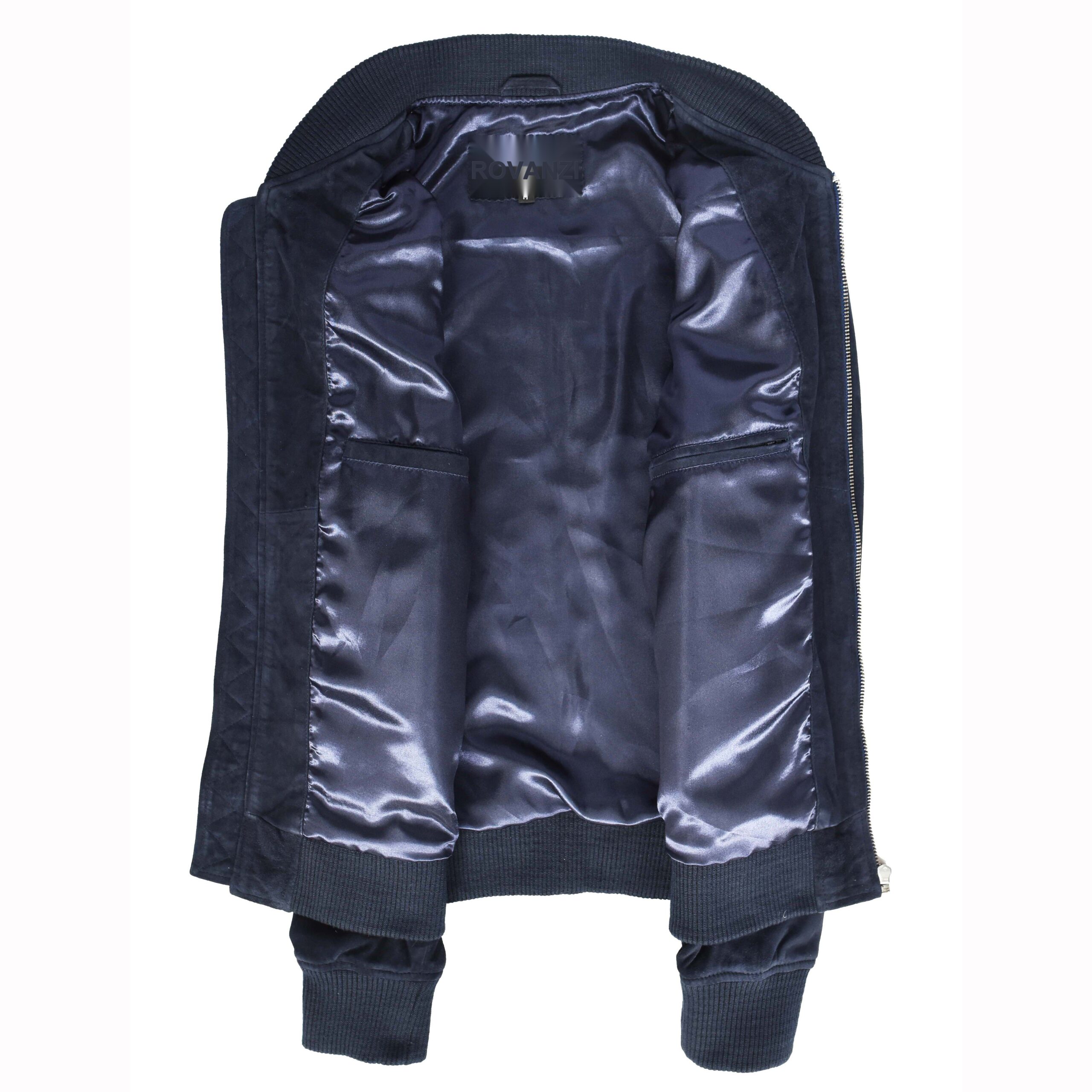 BUNERI Veste Homme Vrai Daim de Chevre Bomber MA-1 Design Varsity Bleu Marine – Image 6
