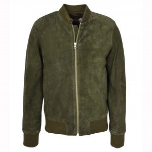 BUNERI Blouson Homme Daim Chevrier MA-1 Varsity Design Vert Olive