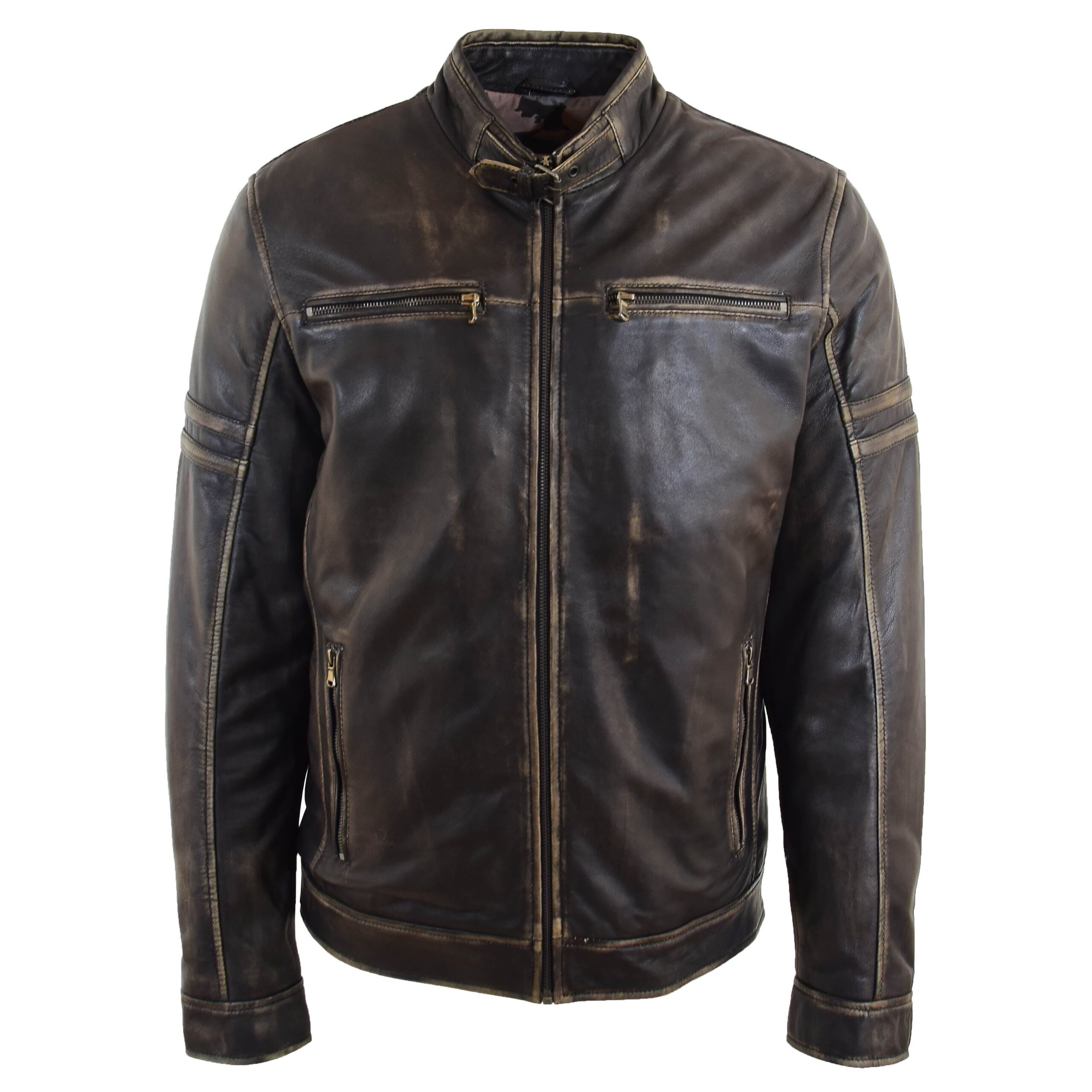 BUNERI Blouson Biker Cuir Noir Effet Rub-Off Vintage Homme