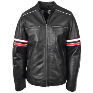 BUNERI Biker Cuir Boxer Noir Cafe Racer Multi Rayures