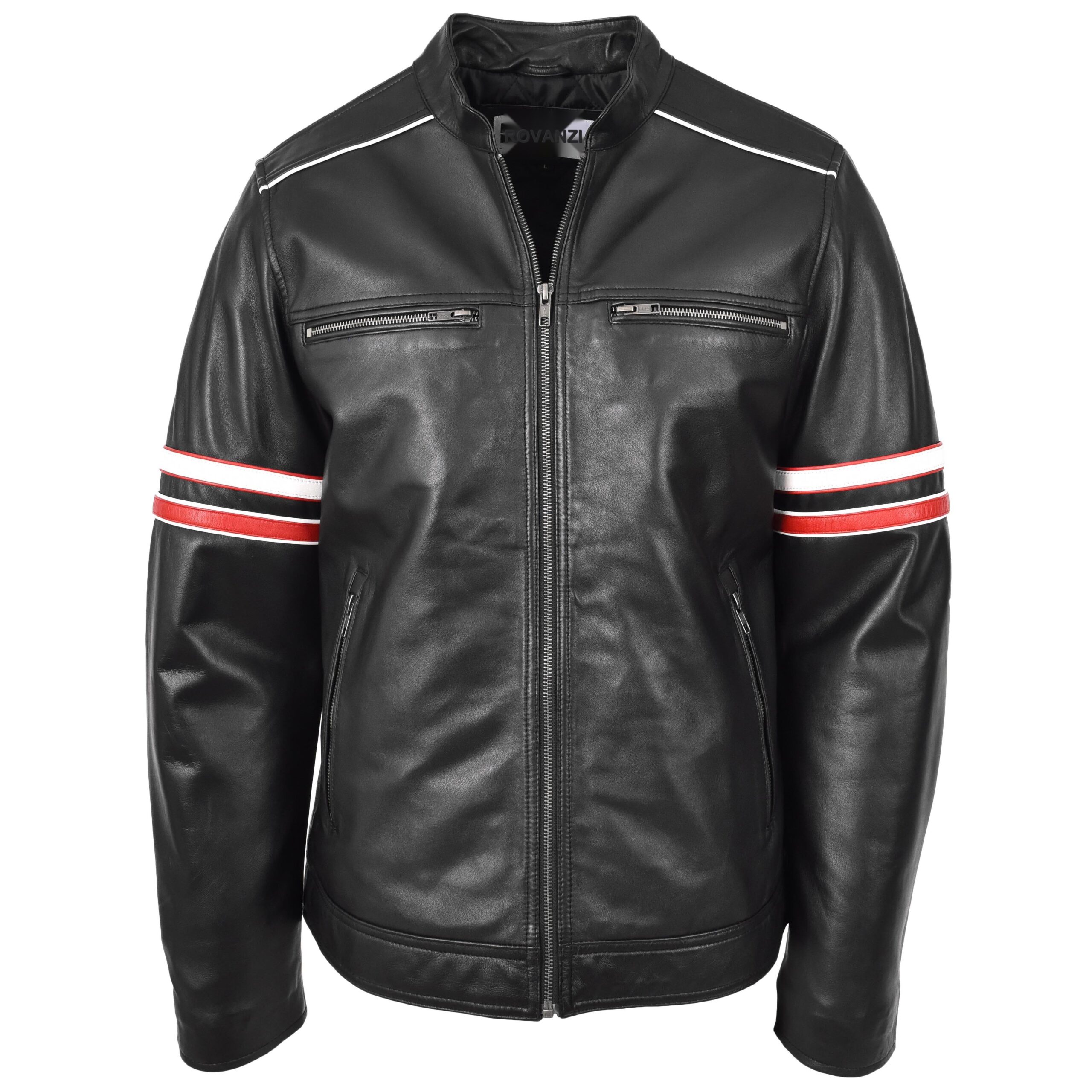 BUNERI Biker Cuir Boxer Noir Cafe Racer Multi Rayures