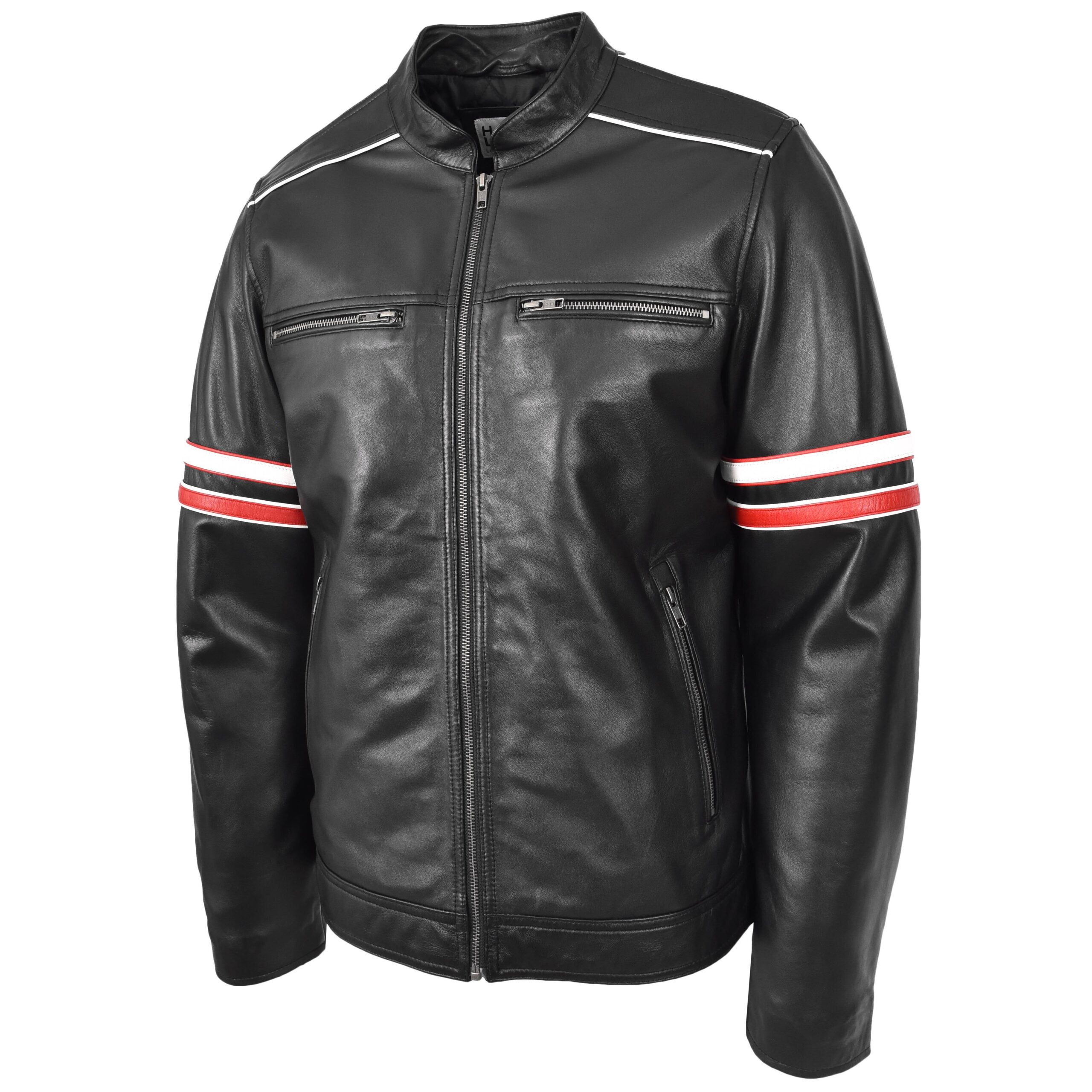 BUNERI Biker Cuir Boxer Noir Cafe Racer Multi Rayures – Image 5
