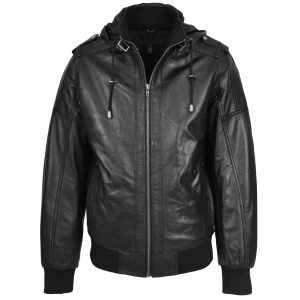 BUNERI Bomber Cuir Reggie Noir avec Capuche Amovible