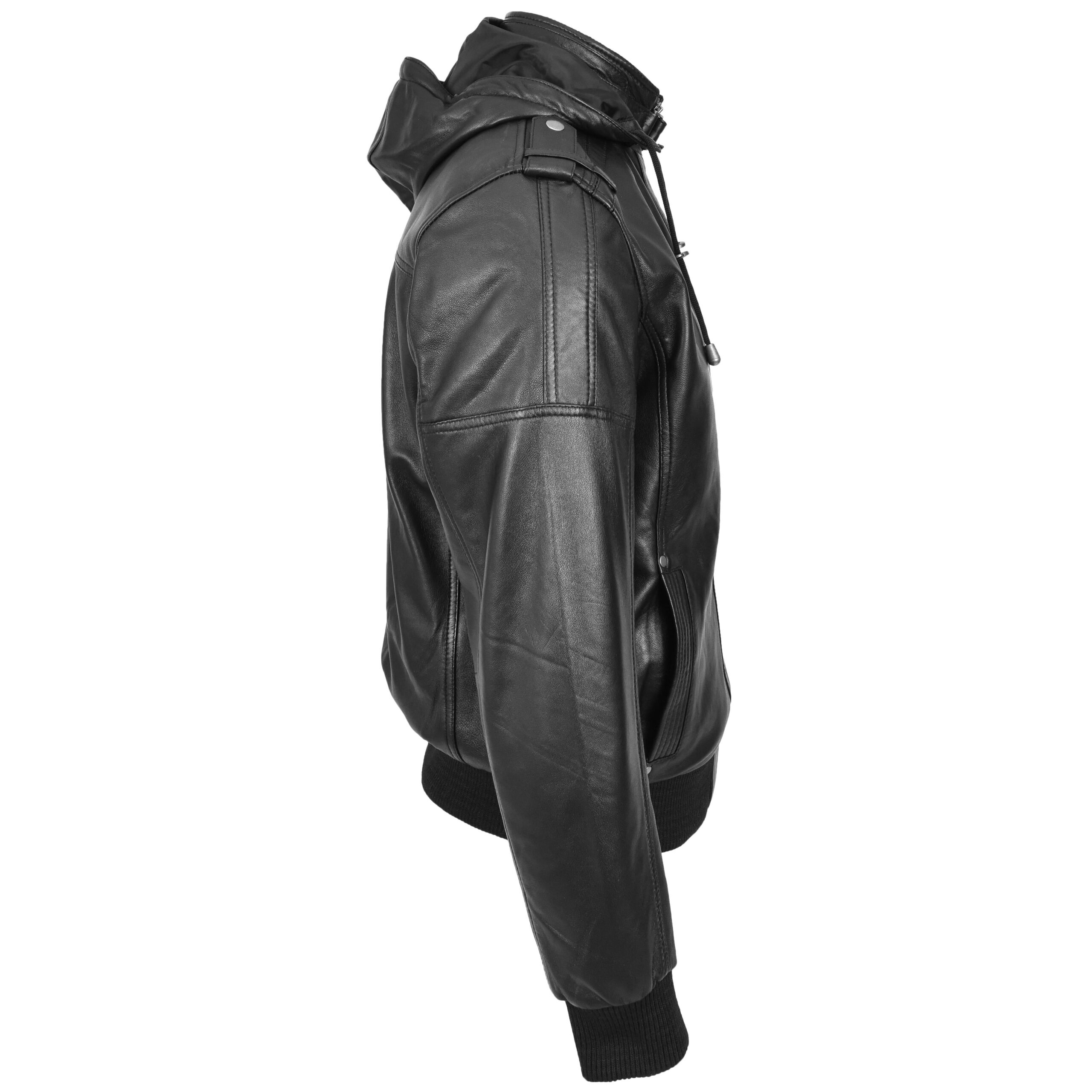 BUNERI Bomber Cuir Reggie Noir avec Capuche Amovible – Image 3