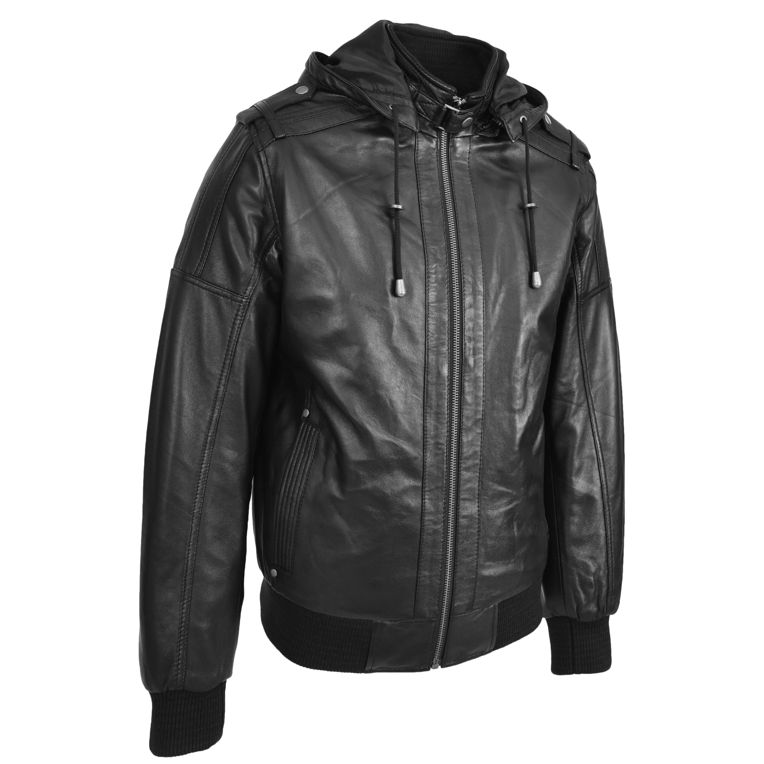 BUNERI Bomber Cuir Reggie Noir avec Capuche Amovible – Image 4