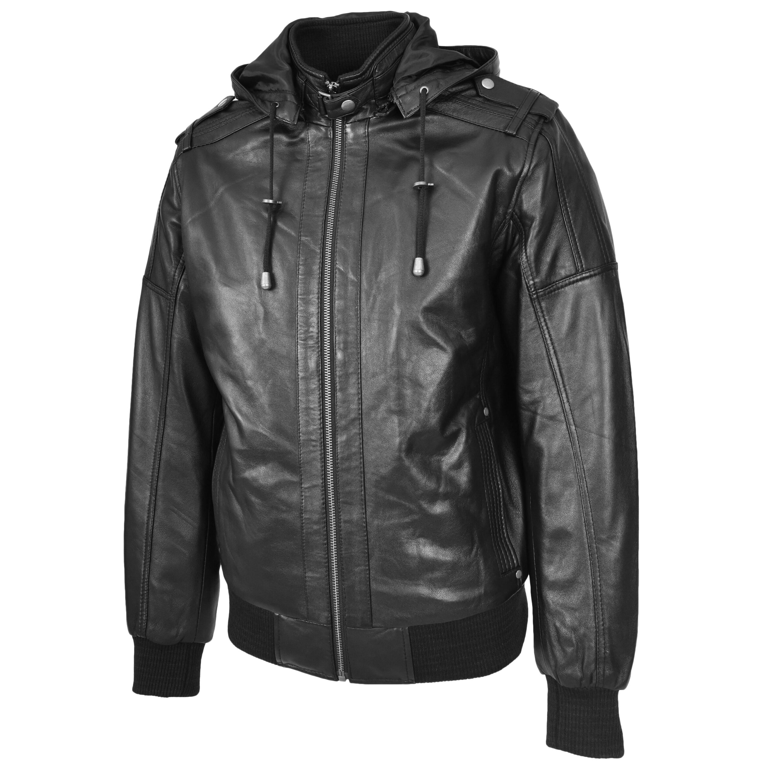 BUNERI Bomber Cuir Reggie Noir avec Capuche Amovible – Image 5