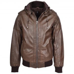 BUNERI Veste Homme Vrai Cuir Bomber Capuche Amovible Marron