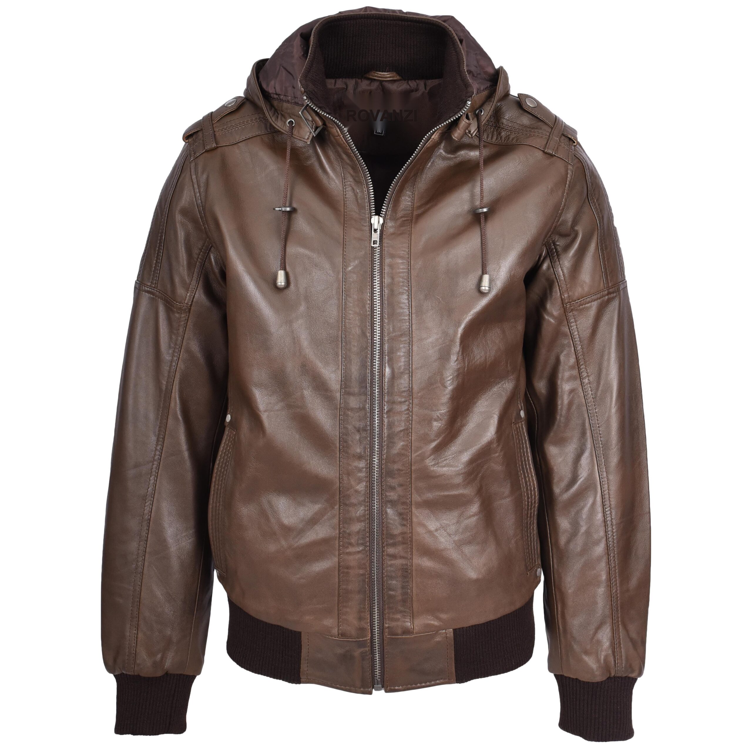 BUNERI Veste Homme Vrai Cuir Bomber Capuche Amovible Marron