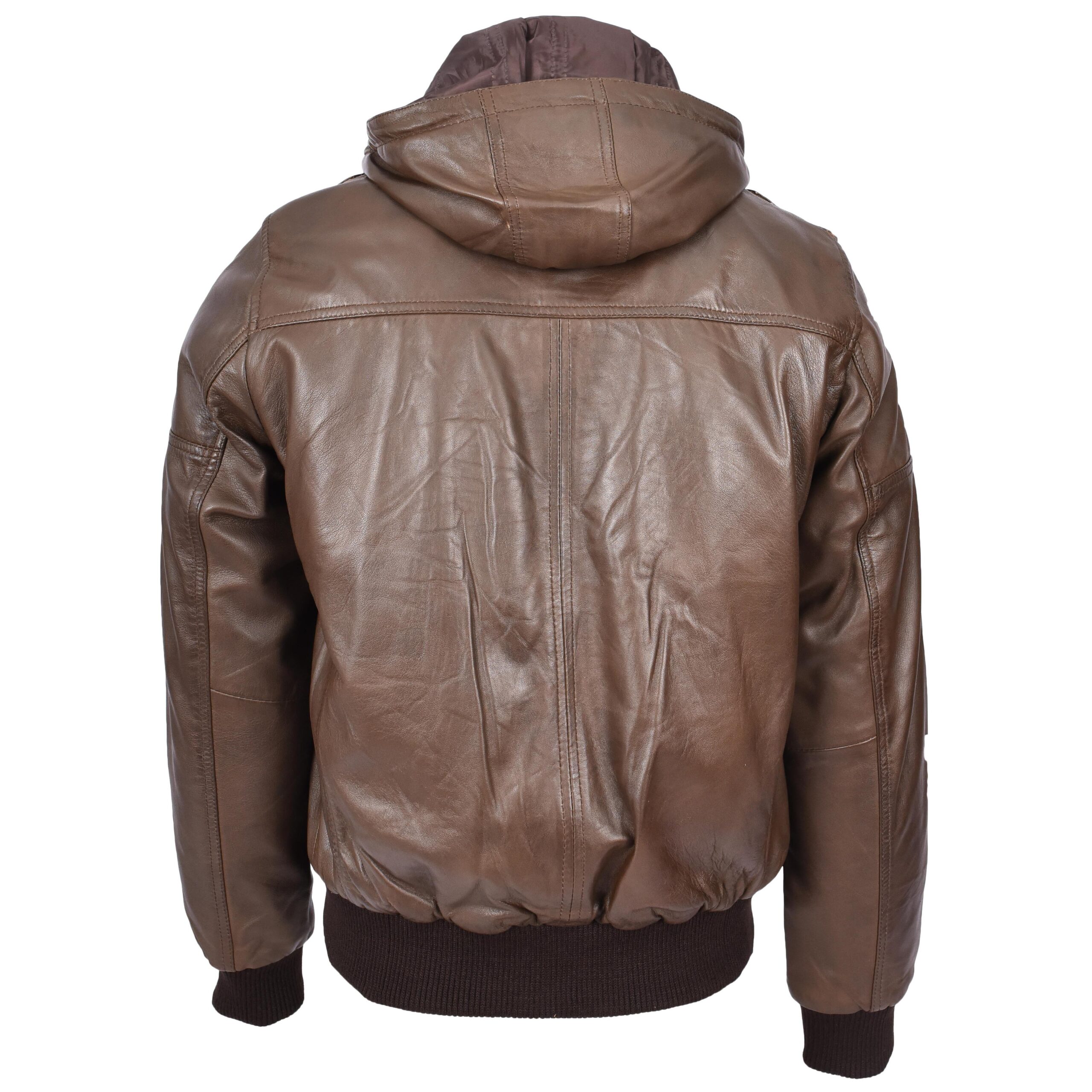 BUNERI Veste Homme Vrai Cuir Bomber Capuche Amovible Marron – Image 2