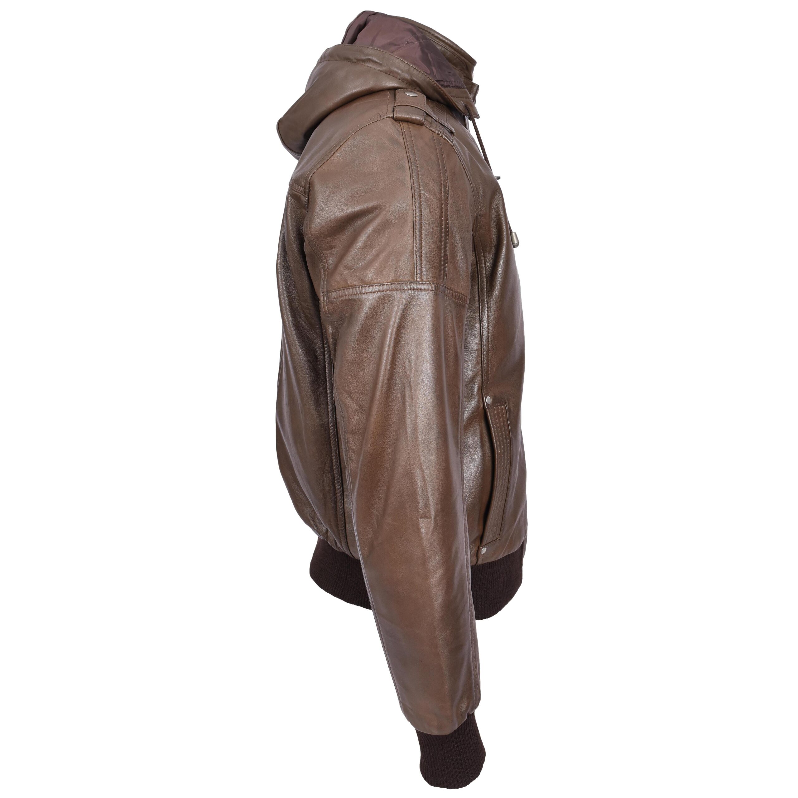 BUNERI Veste Homme Vrai Cuir Bomber Capuche Amovible Marron – Image 3