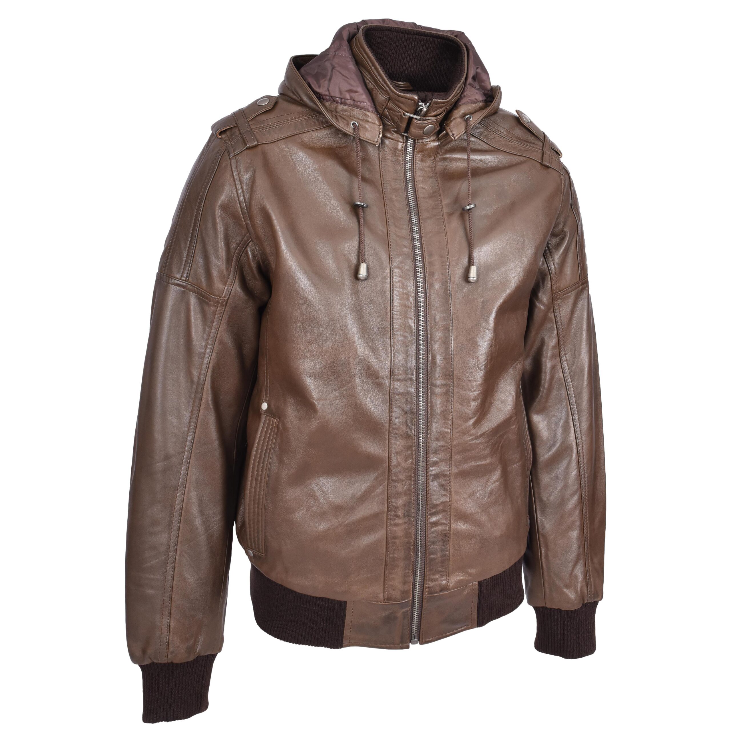 BUNERI Veste Homme Vrai Cuir Bomber Capuche Amovible Marron – Image 4