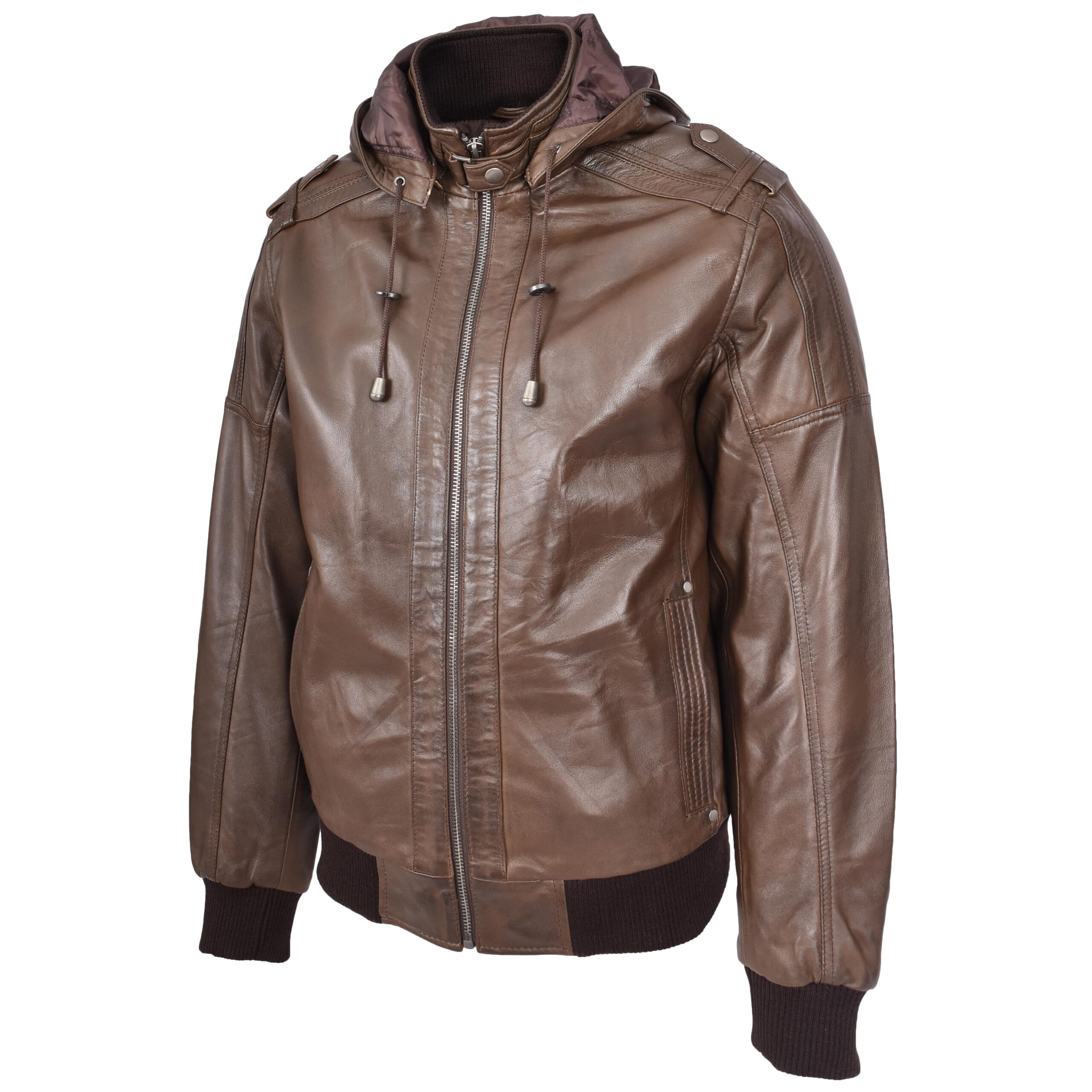 BUNERI Veste Homme Vrai Cuir Bomber Capuche Amovible Marron – Image 5