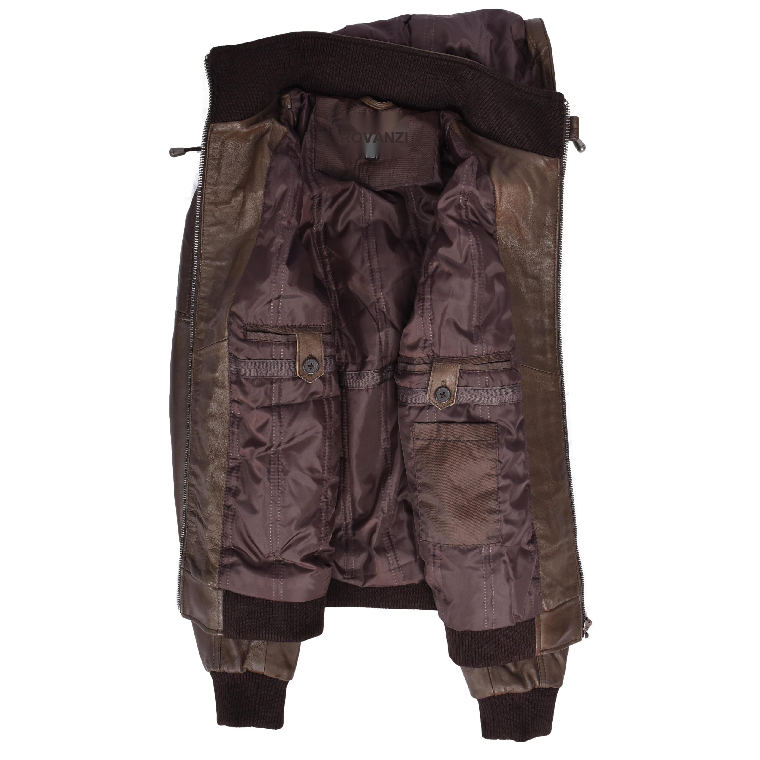 BUNERI Veste Homme Vrai Cuir Bomber Capuche Amovible Marron – Image 6