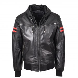 BUNERI Bomber Remmy Noir en Cuir Véritable à Capuche