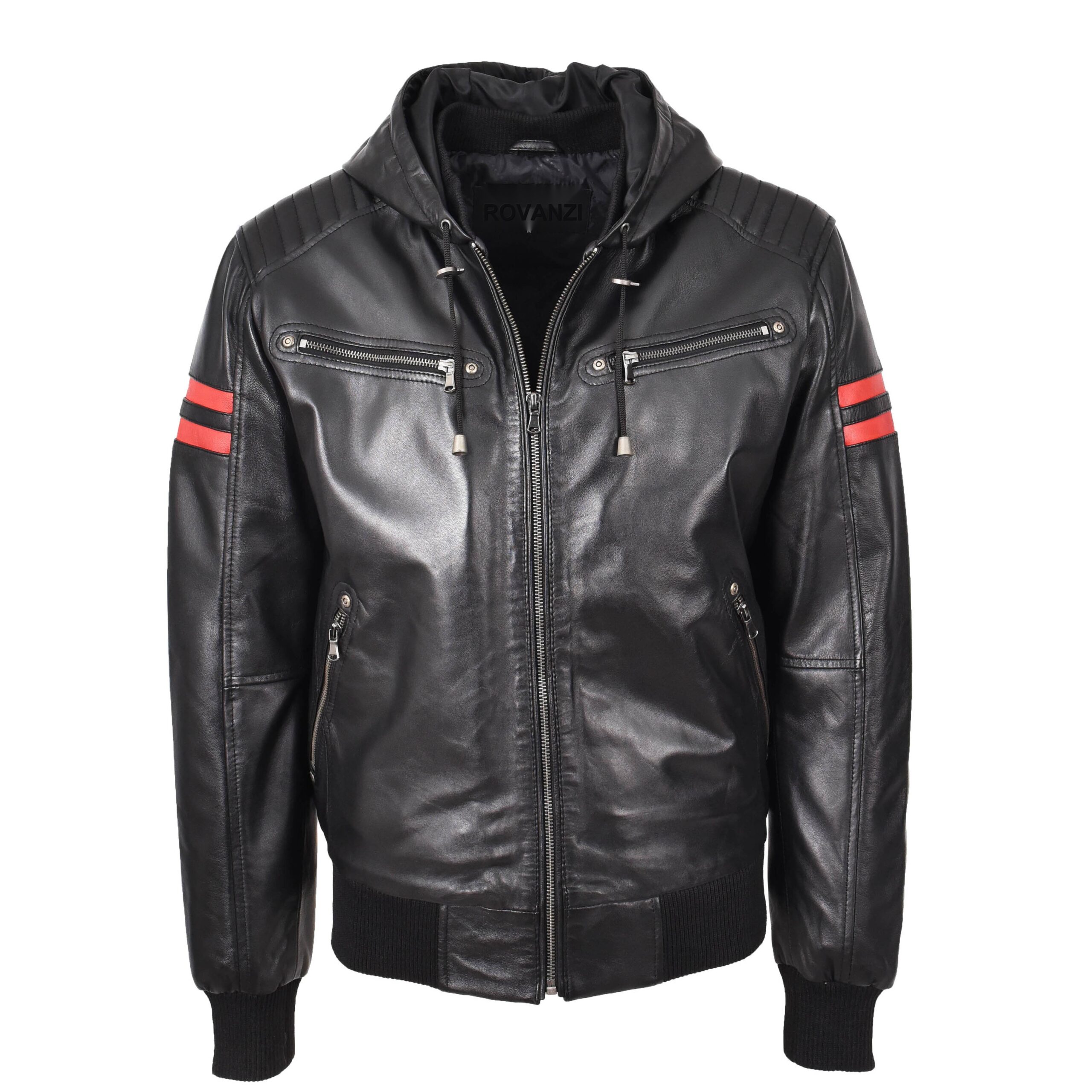 BUNERI Bomber Remmy Noir en Cuir Véritable à Capuche