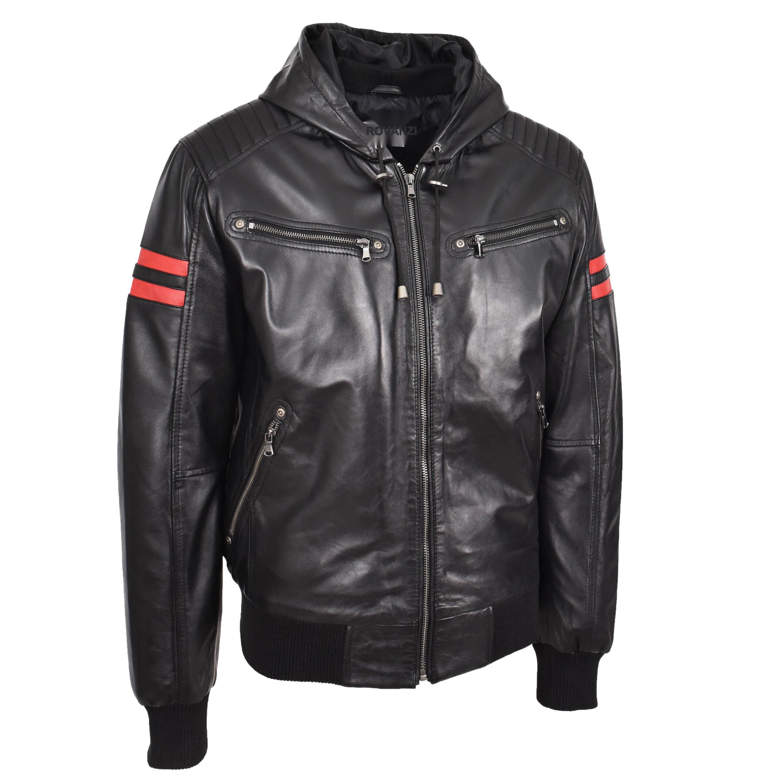 BUNERI Bomber Remmy Noir en Cuir Véritable à Capuche – Image 4