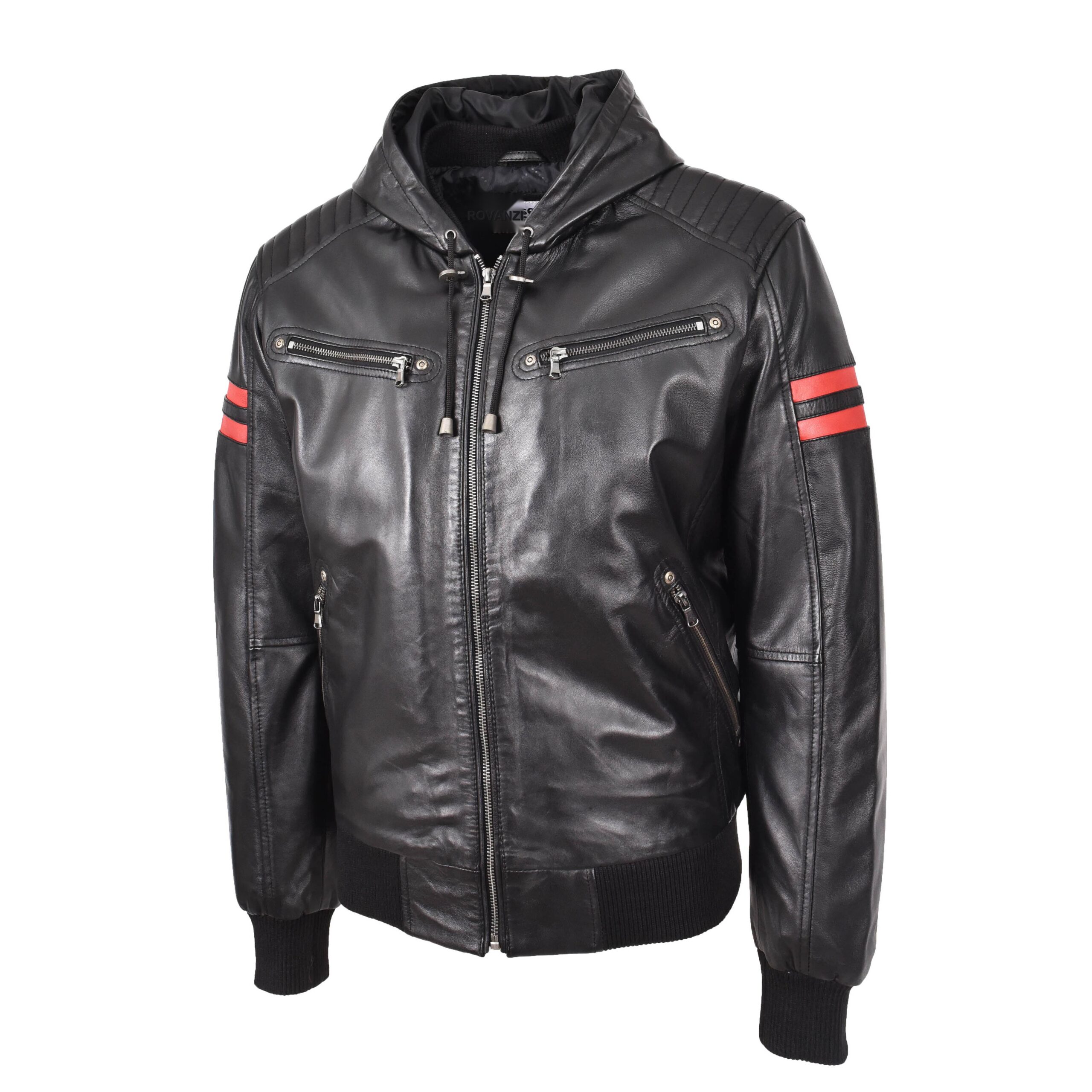 BUNERI Bomber Remmy Noir en Cuir Véritable à Capuche – Image 5